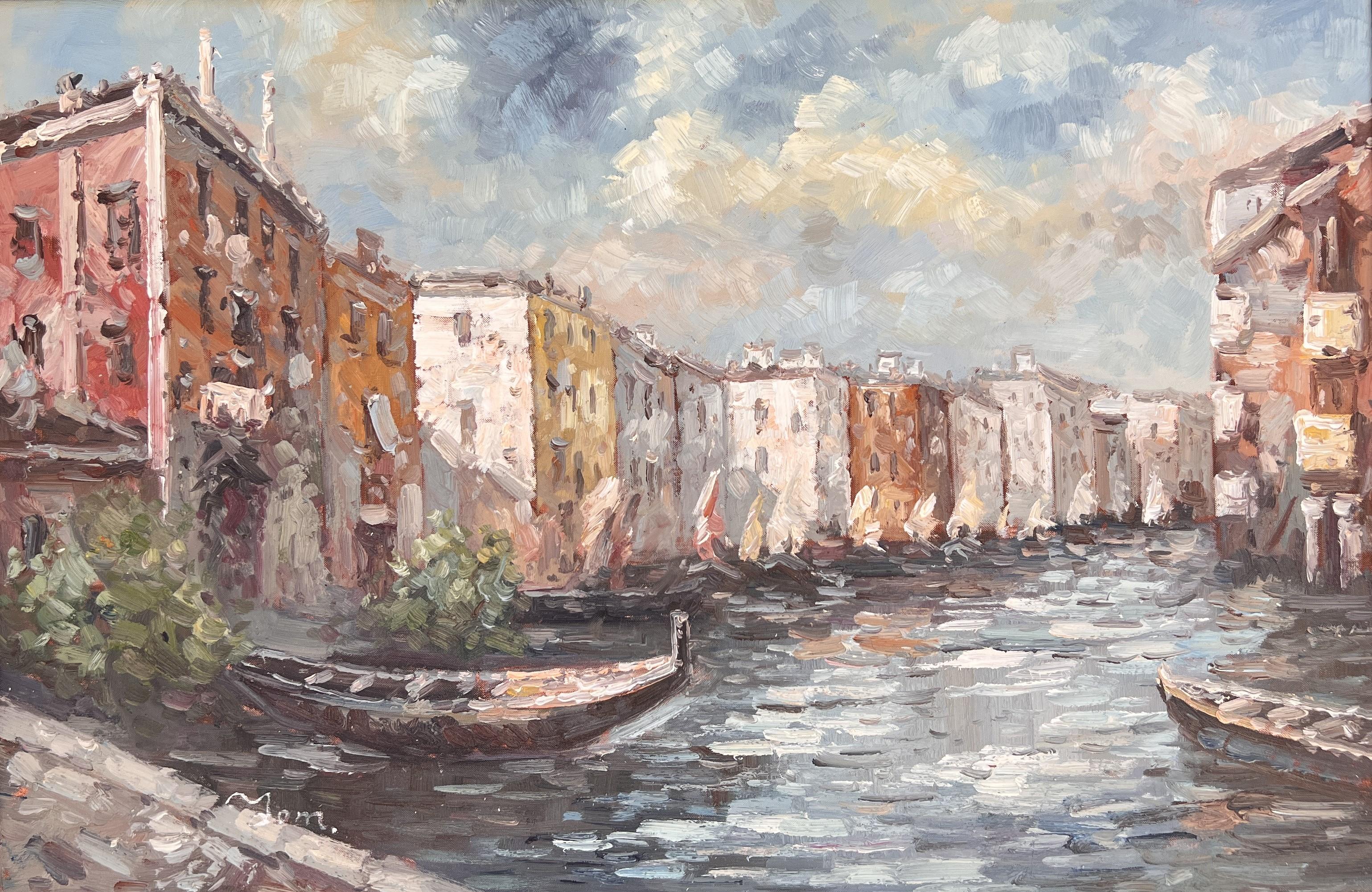 Gran óleo original sobre lienzo, Venecia, Italia, Firmado, Enmarcado - Painting de Unknown
