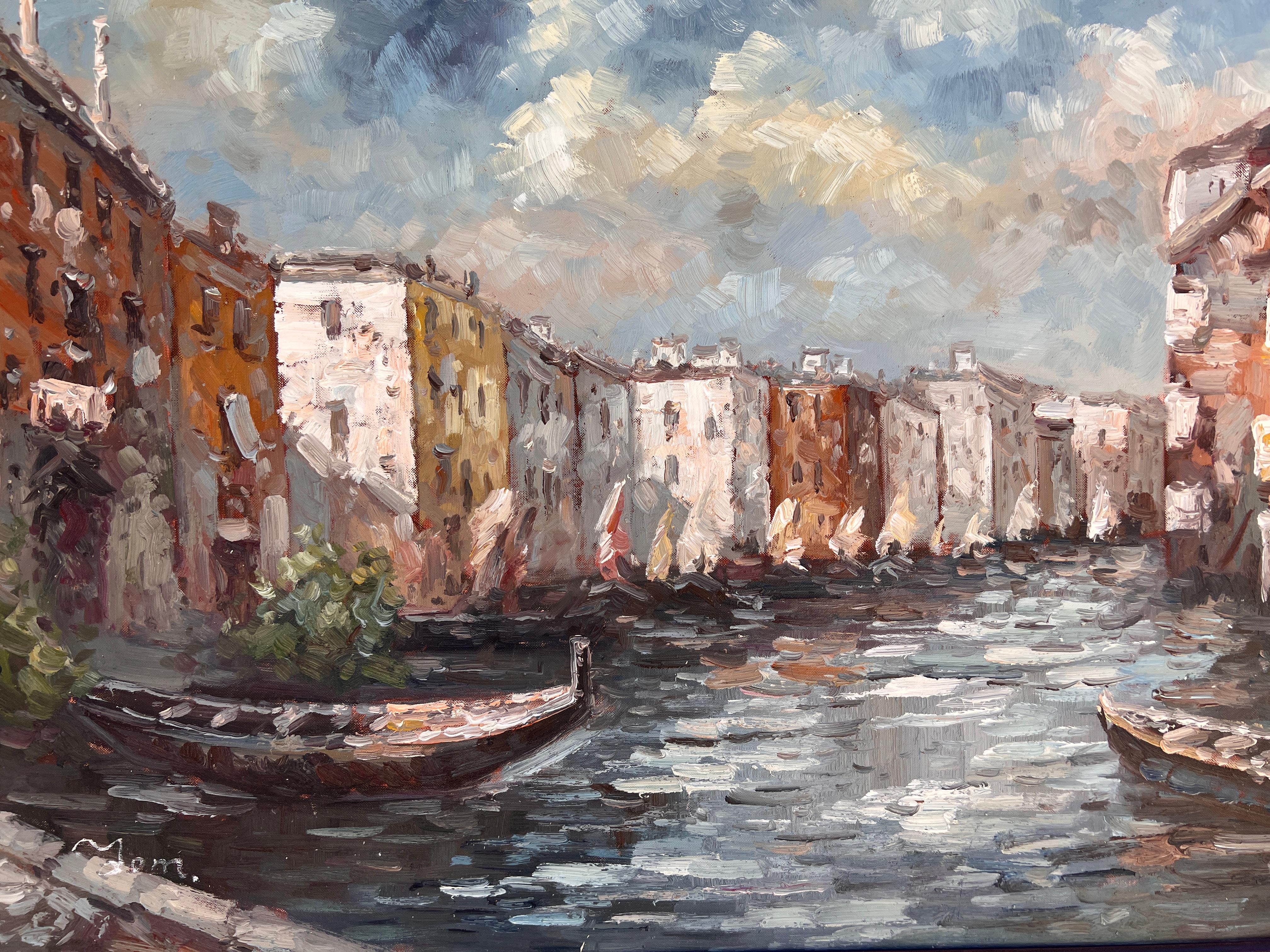 Gran óleo original sobre lienzo, Venecia, Italia, Firmado, Enmarcado - Painting Impresionista de Unknown