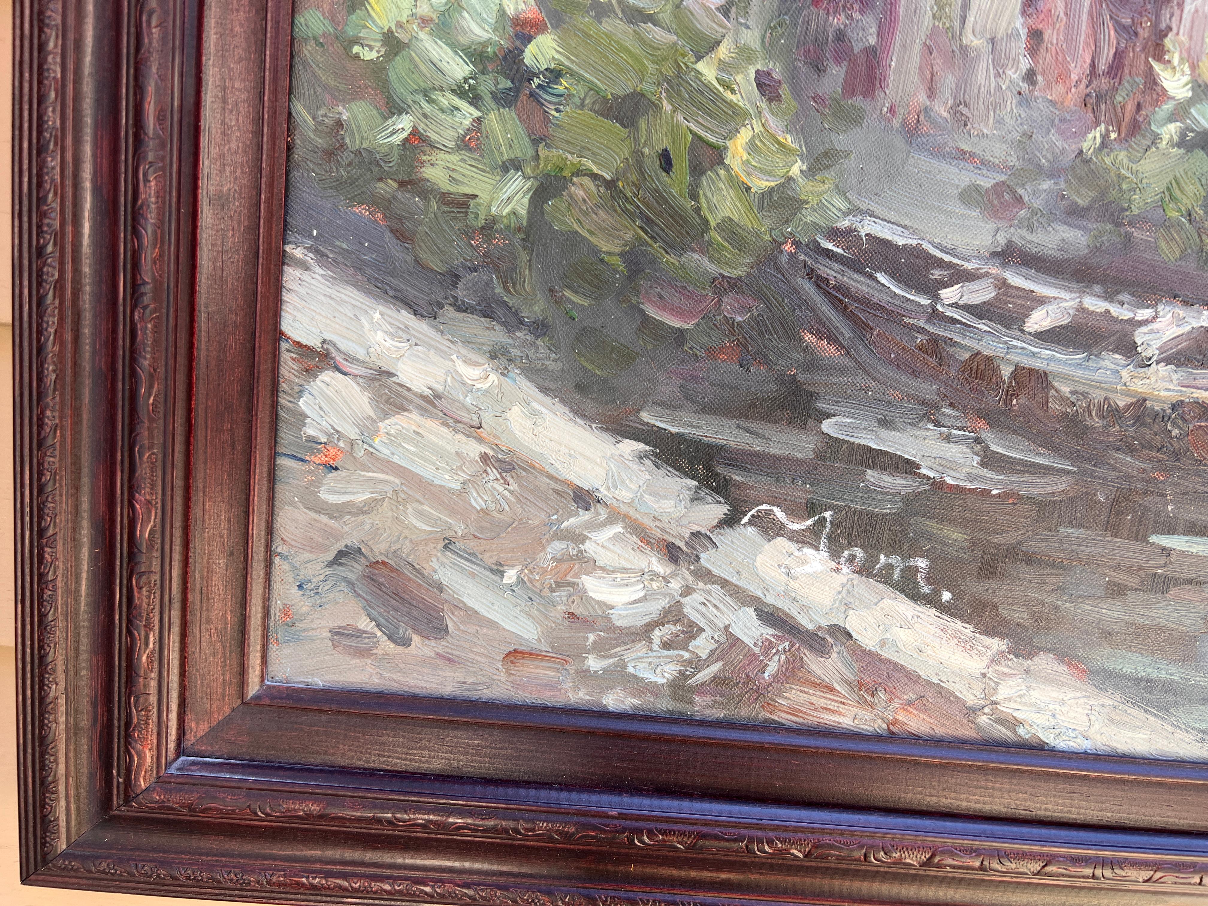 Gran óleo original sobre lienzo, Venecia, Italia, Firmado, Enmarcado - Landscape Painting Gris de Unknown