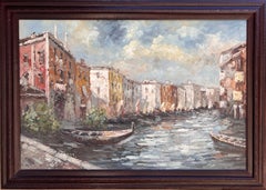 Grande peinture à l'huile originale sur toile, Venise, Italie, signée, encadrée