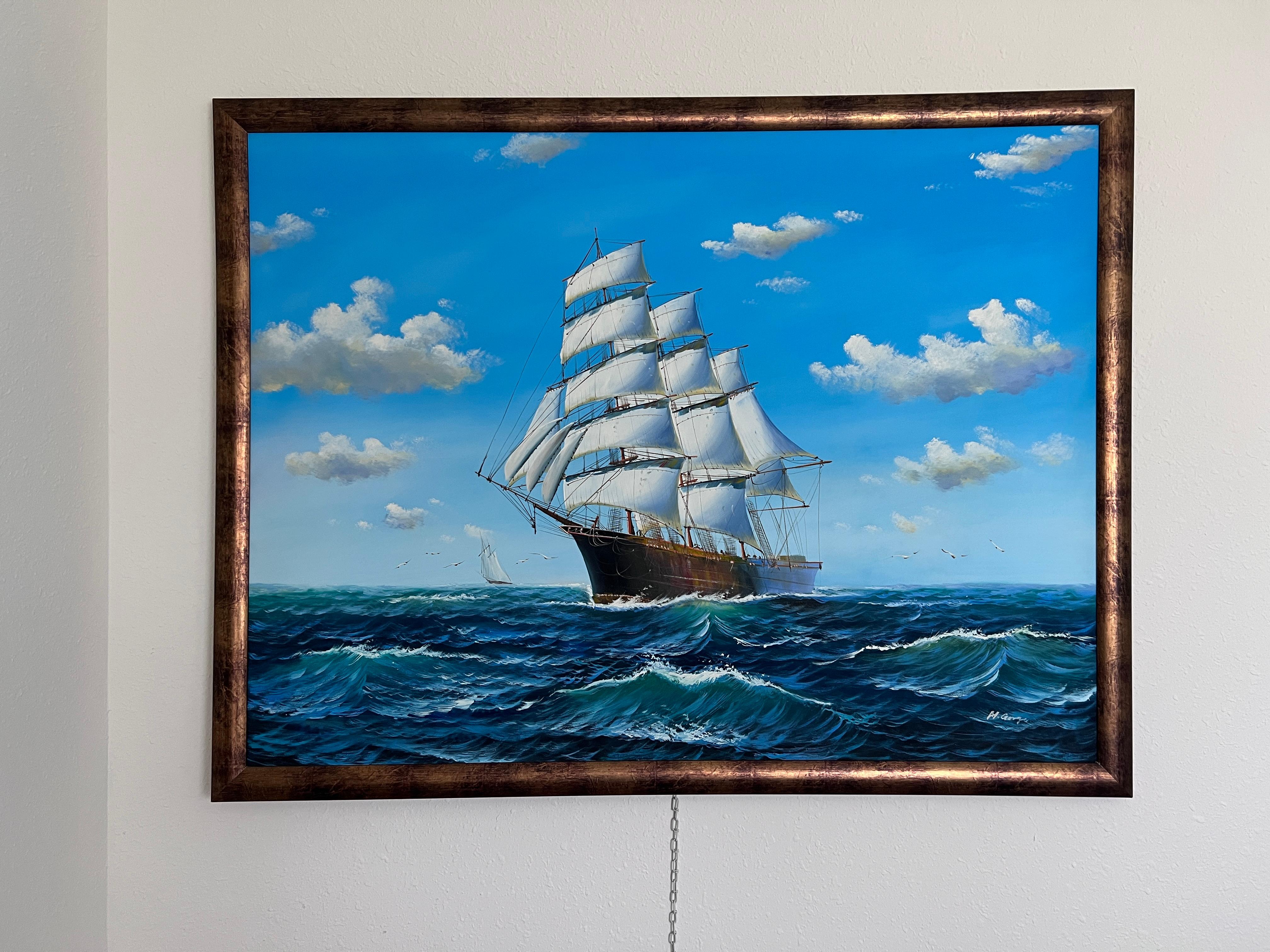 Grande dipinto a olio originale su tela  Paesaggio marino con nave a vela  Firmato e incorniciato - Painting di Unknown