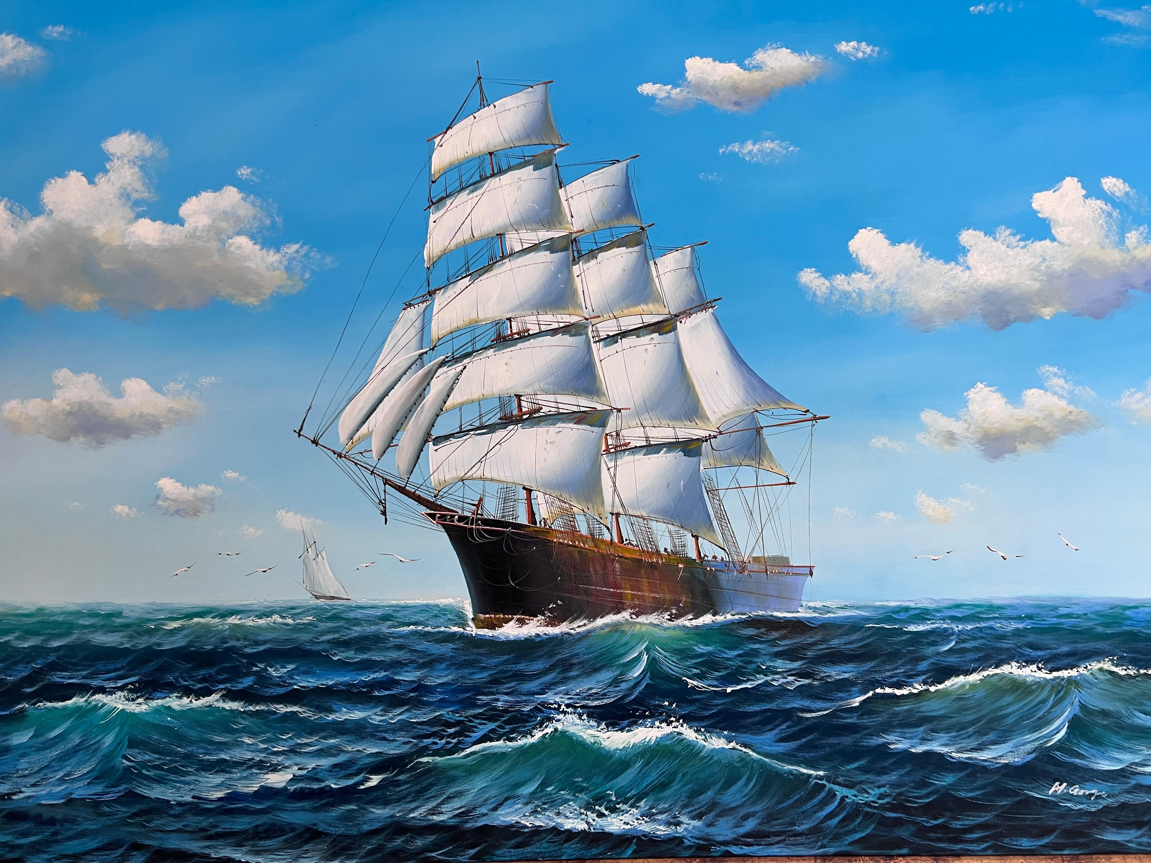 Grande dipinto a olio originale su tela  Paesaggio marino con nave a vela  Firmato e incorniciato - Painting Impressionismo di Unknown