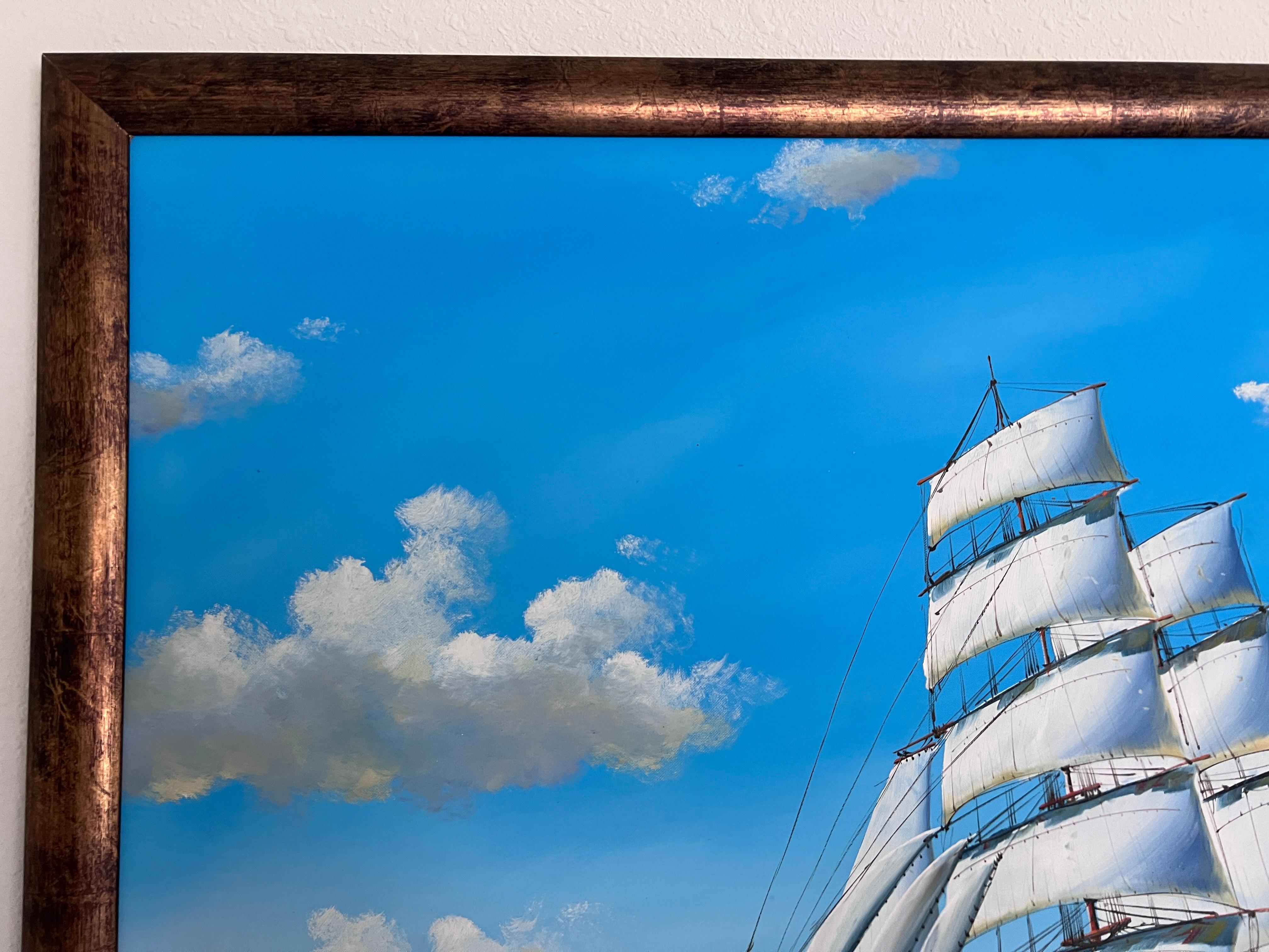 Enorme dipinto originale marittimo in acrilico - Nave alta in mare
Firmato  Incorniciato  Opere d'arte di paesaggi marini dinamici

Questo enorme e sorprendente dipinto originale in acrilico su tela cattura una maestosa nave alta che naviga in mare