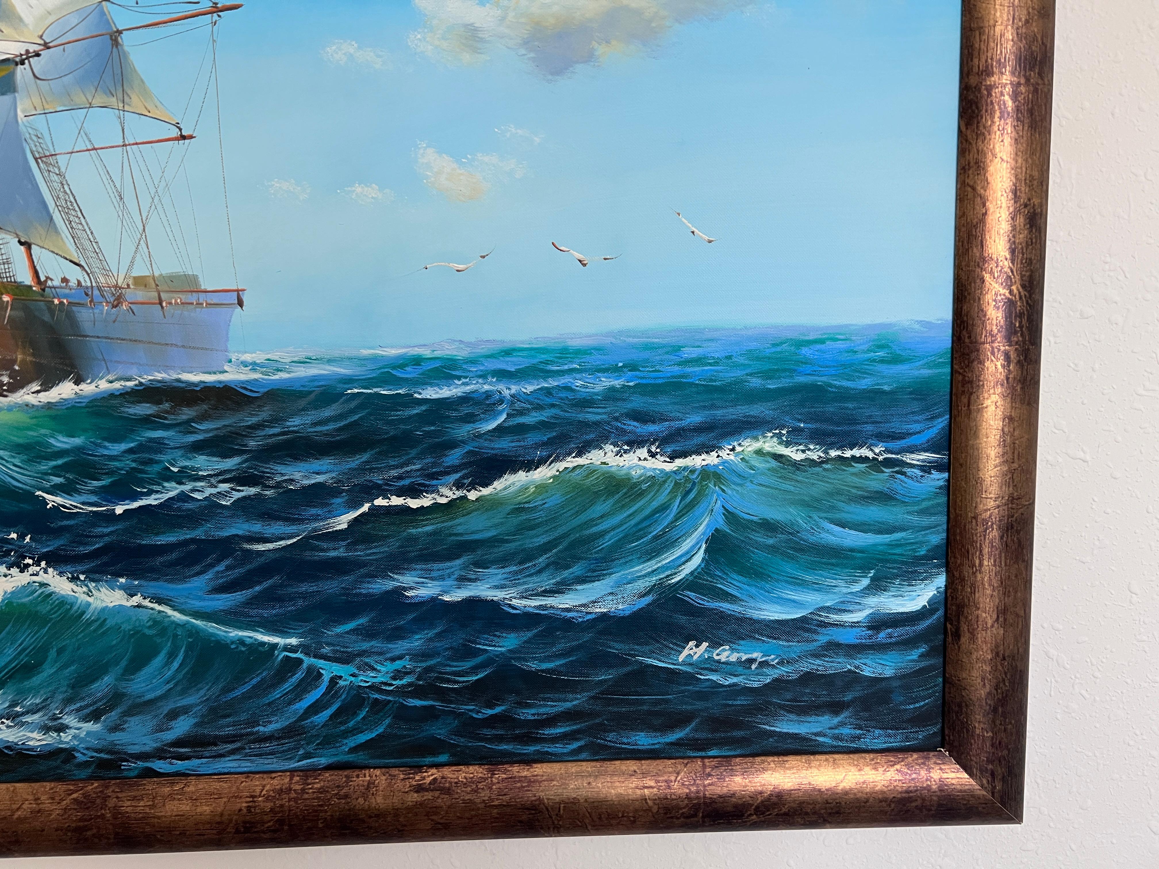 Grande dipinto a olio originale su tela  Paesaggio marino con nave a vela  Firmato e incorniciato in vendita 2
