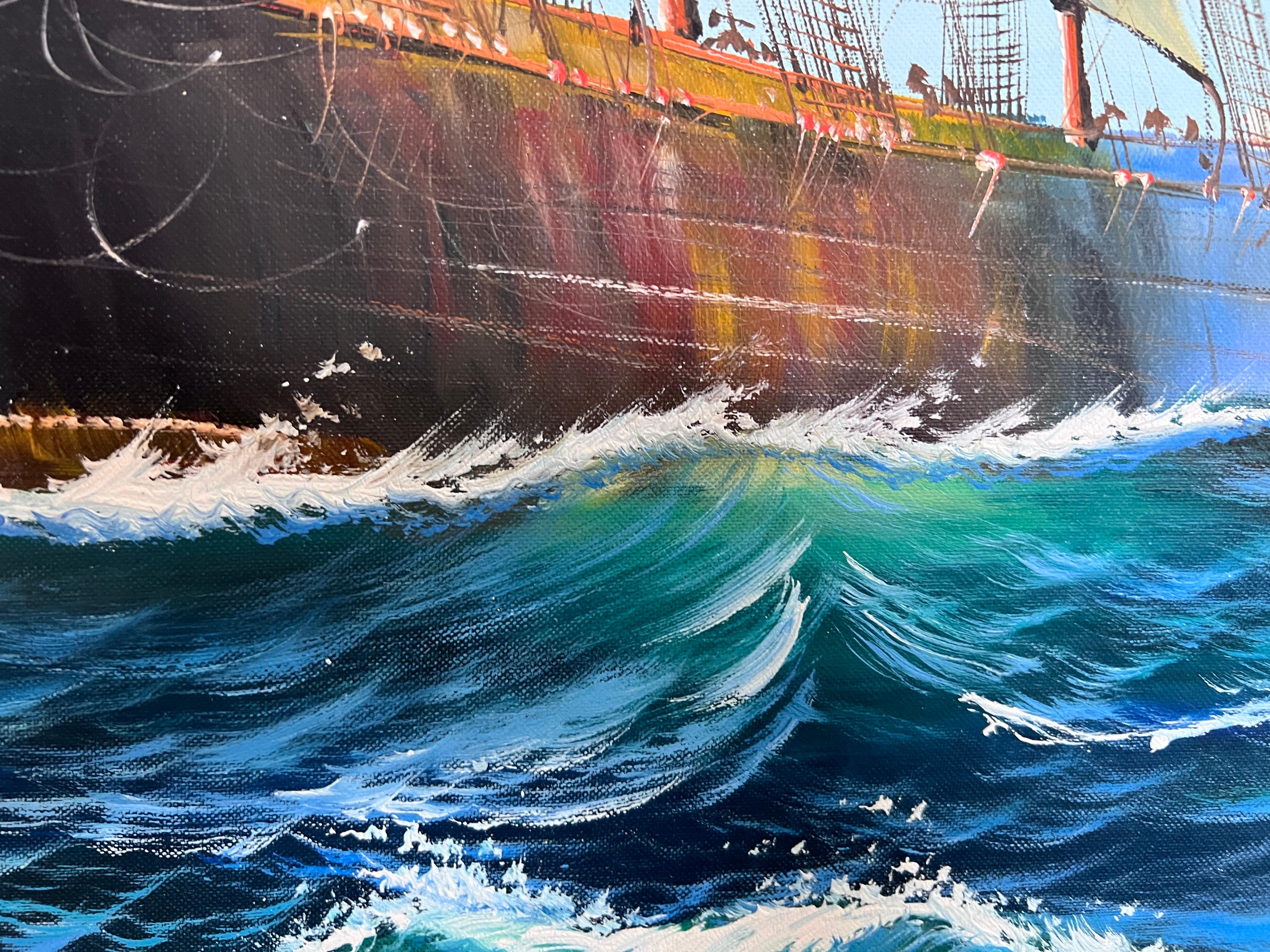 Grande dipinto a olio originale su tela  Paesaggio marino con nave a vela  Firmato e incorniciato in vendita 4