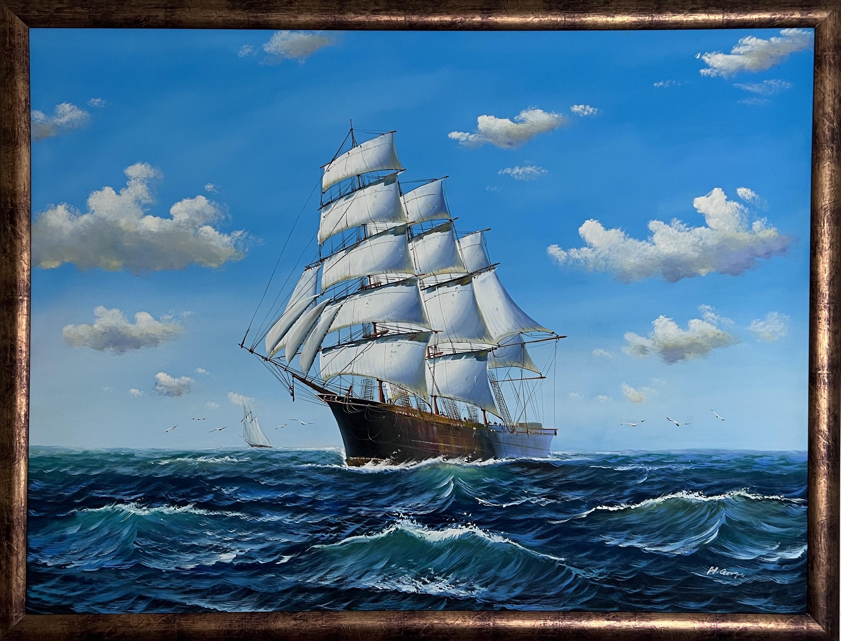Landscape Painting di Unknown - Grande dipinto a olio originale su tela  Paesaggio marino con nave a vela  Firmato e incorniciato