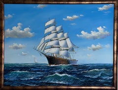 Large Original Oil Painting on Canvas  Sailing Ship Seascape  Signed & Framed