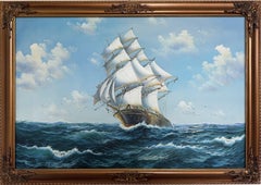 Large Original Vintage Oil Painting Sailing Ship Seascape Marine Art Framed