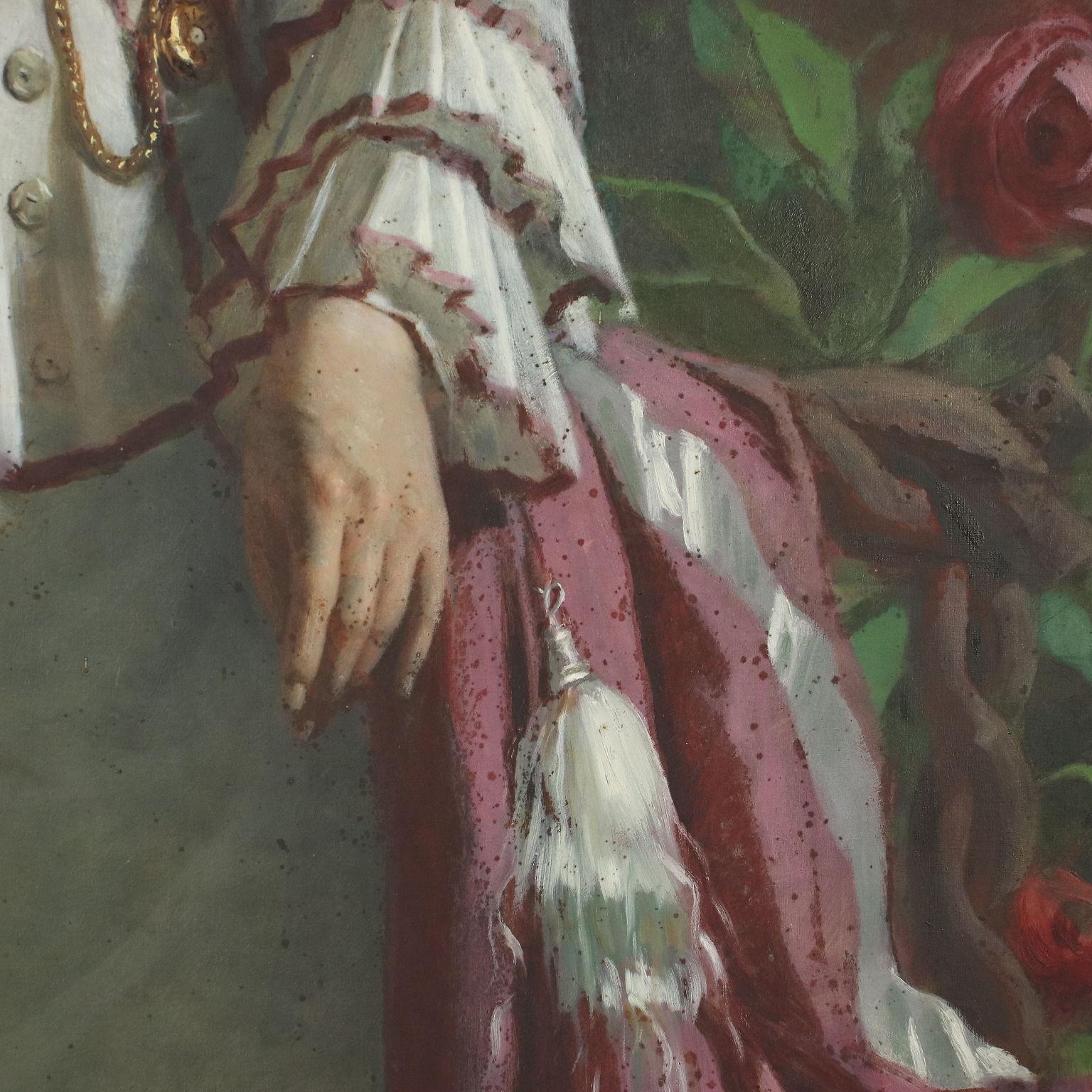 Oil on canvas. The young woman, elegantly dressed, is represented in life size standing in a garden, presumably the one of her noble residence.
The painting in fact comes from an important Lombard noble family, to which the girl belonged.
The