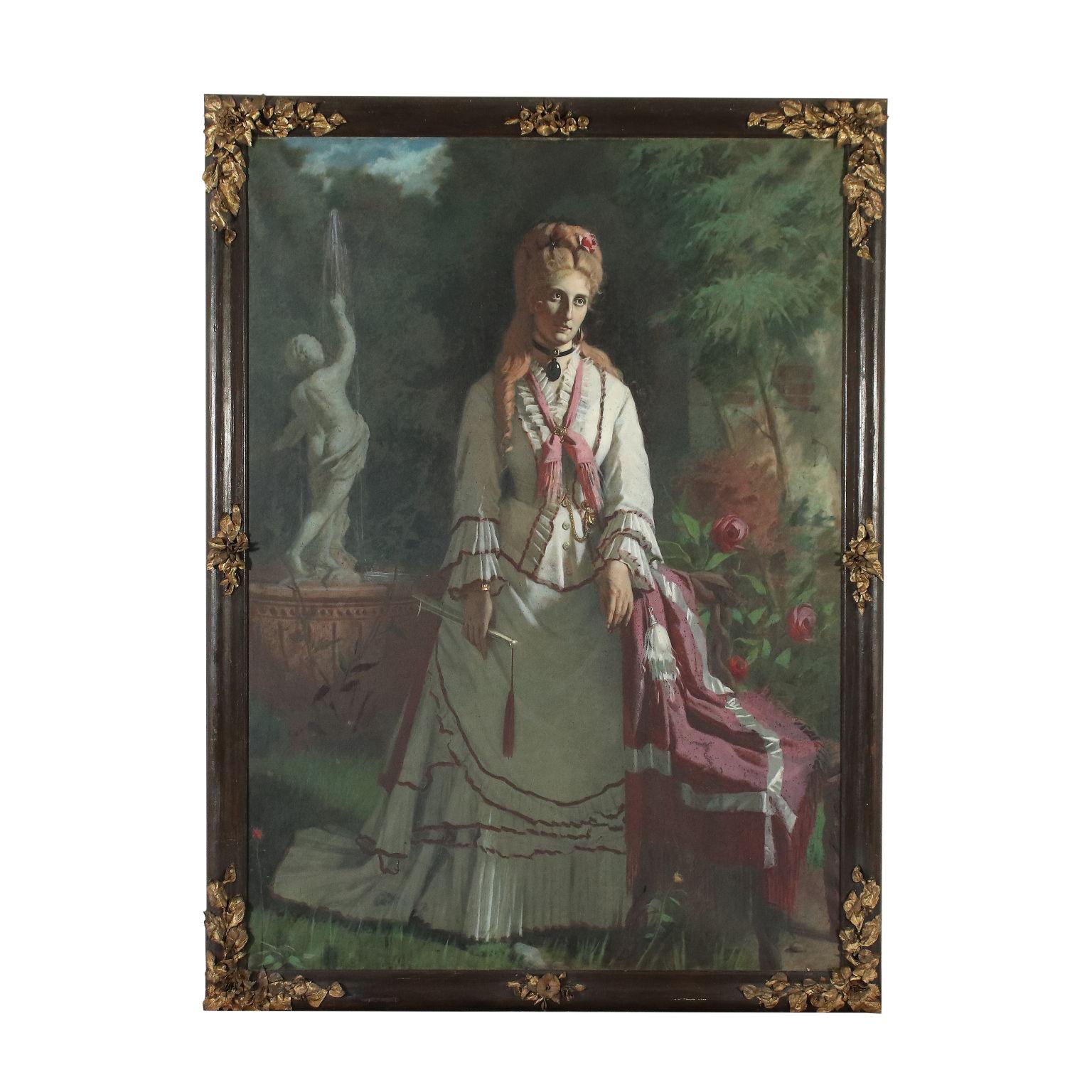 Unknown Portrait Painting - Large Painting Of Noblewoman Oil On Canvas Late '800 Early '900