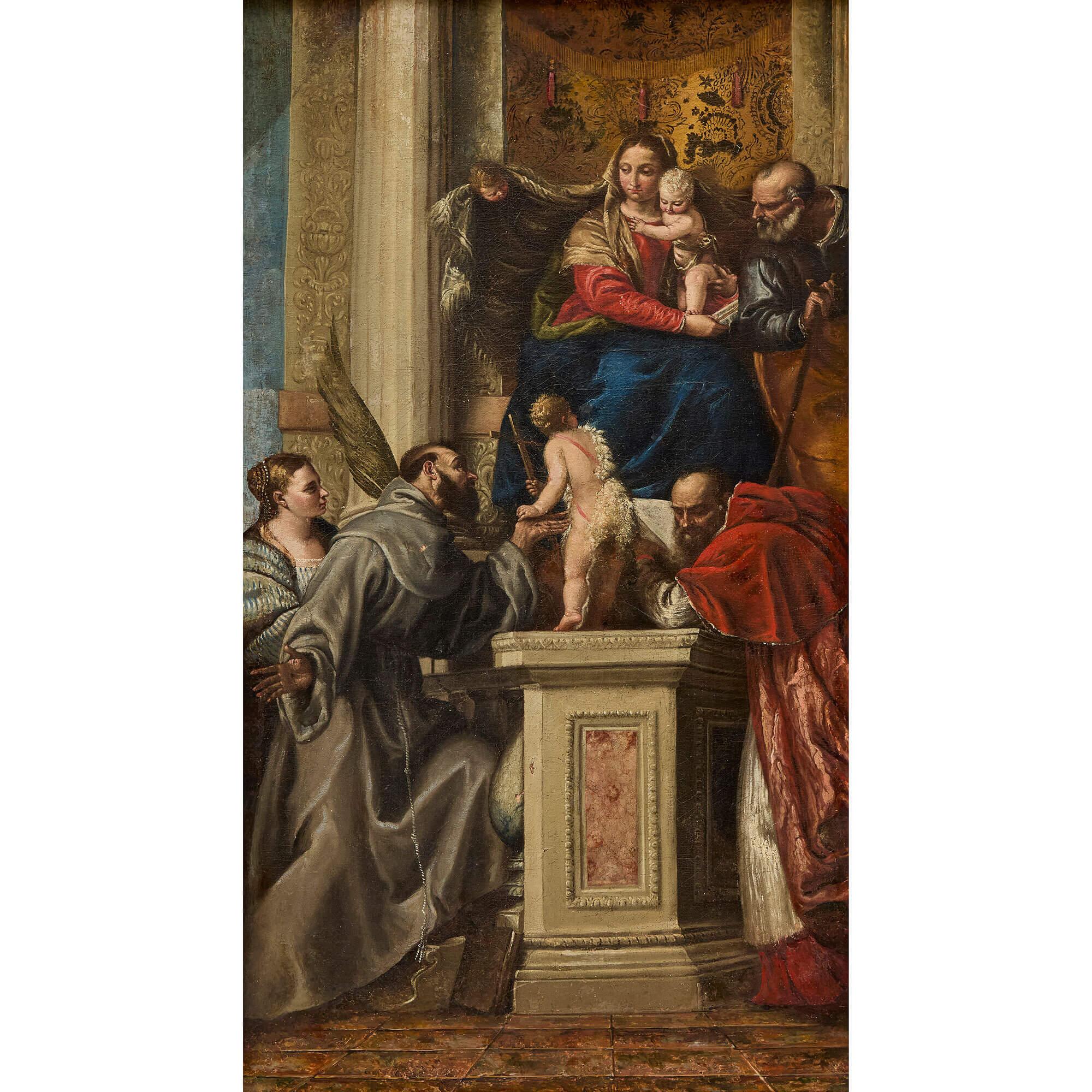 Großes Paar Öl-Leinwand italienisch-venezianische religiöse Szenen nach Paolo Veronese
Italienisch, 17.-18. Jahrhundert 
Segeltuch: Höhe 99cm, Breite 56cm
Rahmen: Höhe 130cm, Breite 87cm, Tiefe 9cm

Dieses schöne Paar monumentaler venezianischer