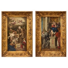 Large Pair Oil Canvas Italian Venetian Religious Scenes After Paolo Veronese