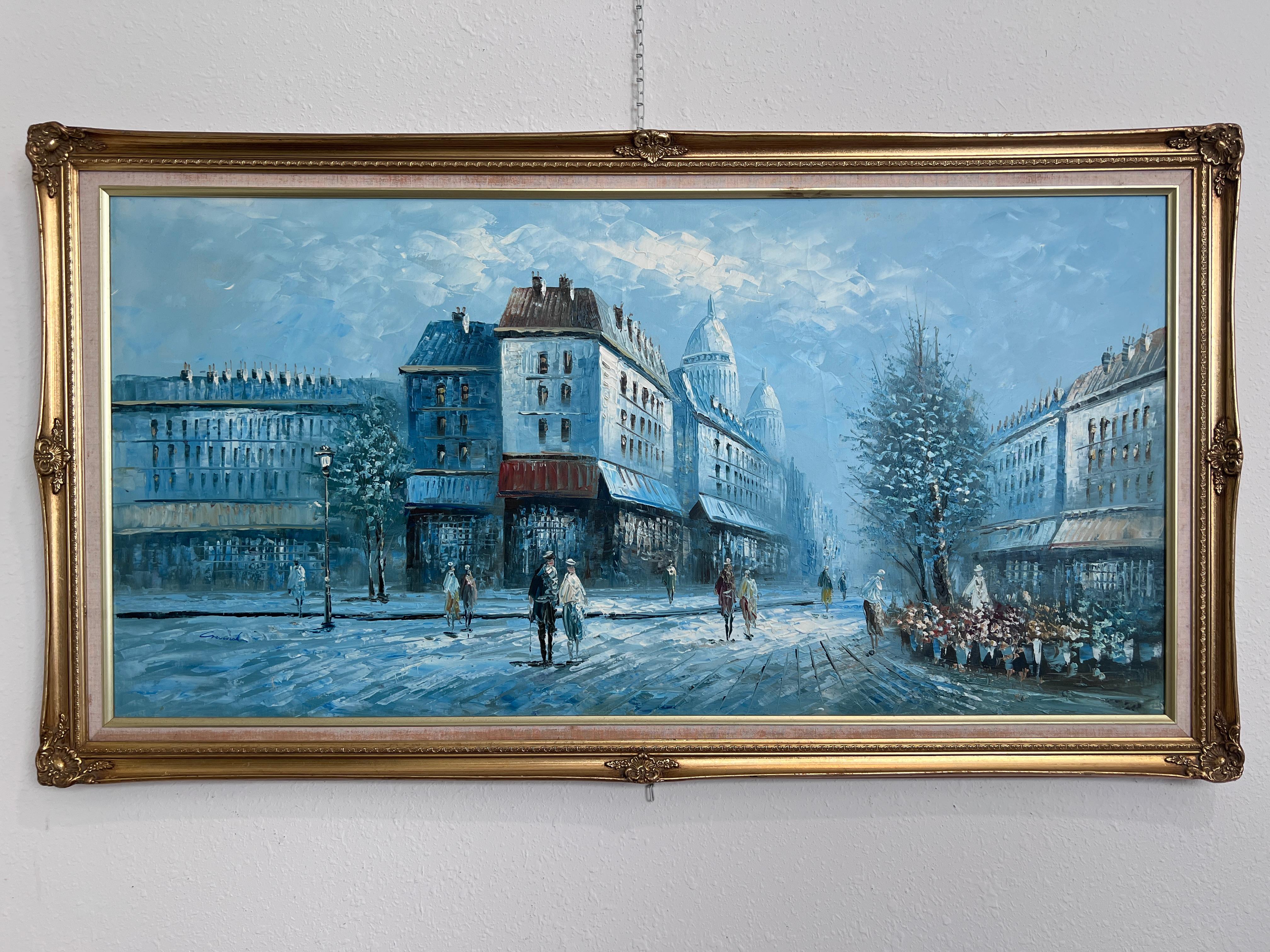 Large Paris Oil Painting Winter Street Scene Framed Signed Impressionist 53