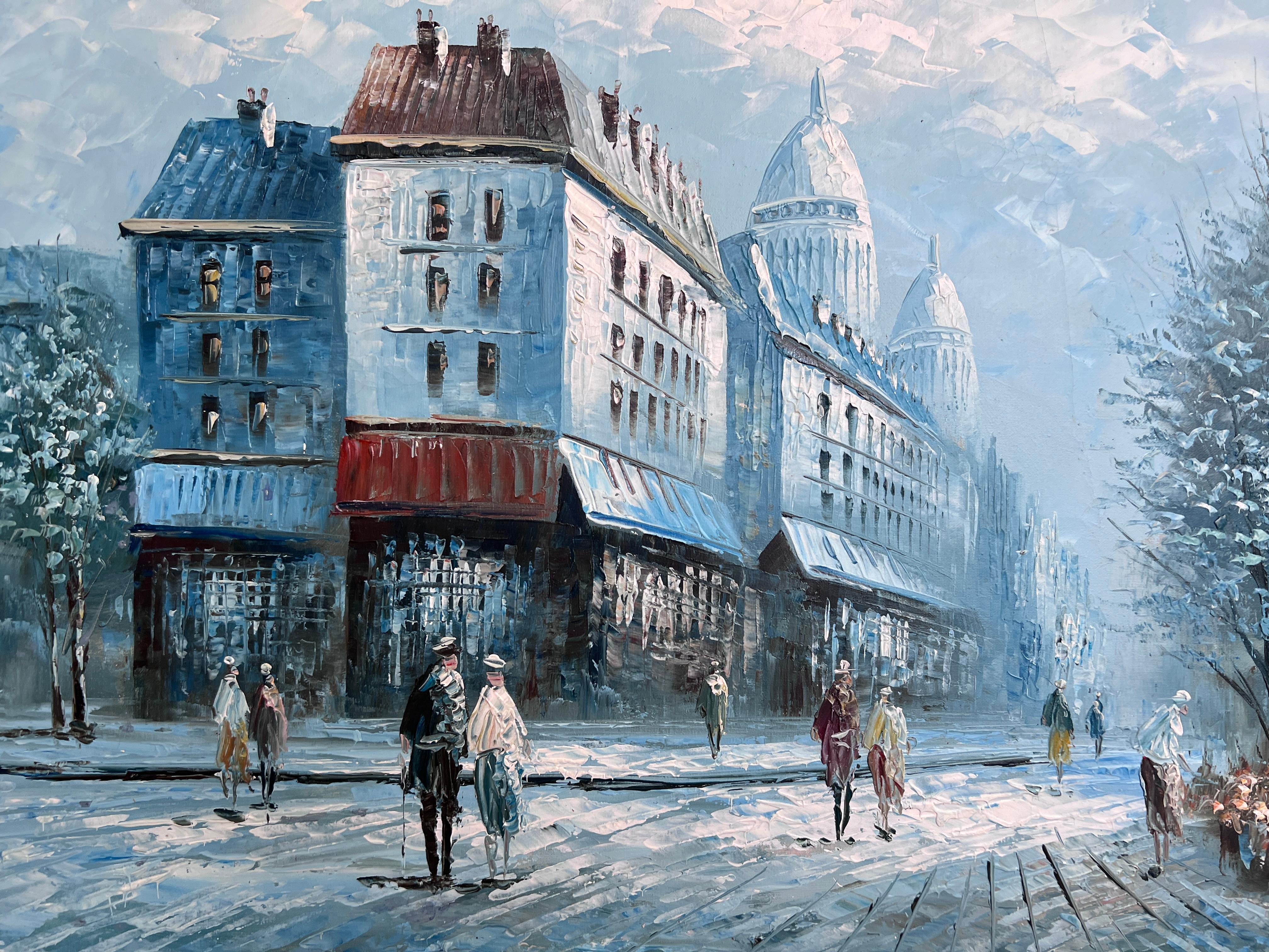 Step into the charm of historic Paris with this impressive large-format oil painting depicting a snowy street scene near the Sacré-Cœur Basilica. The romantic Parisian setting features elegant 19th-century architecture, flower vendors, and strolling