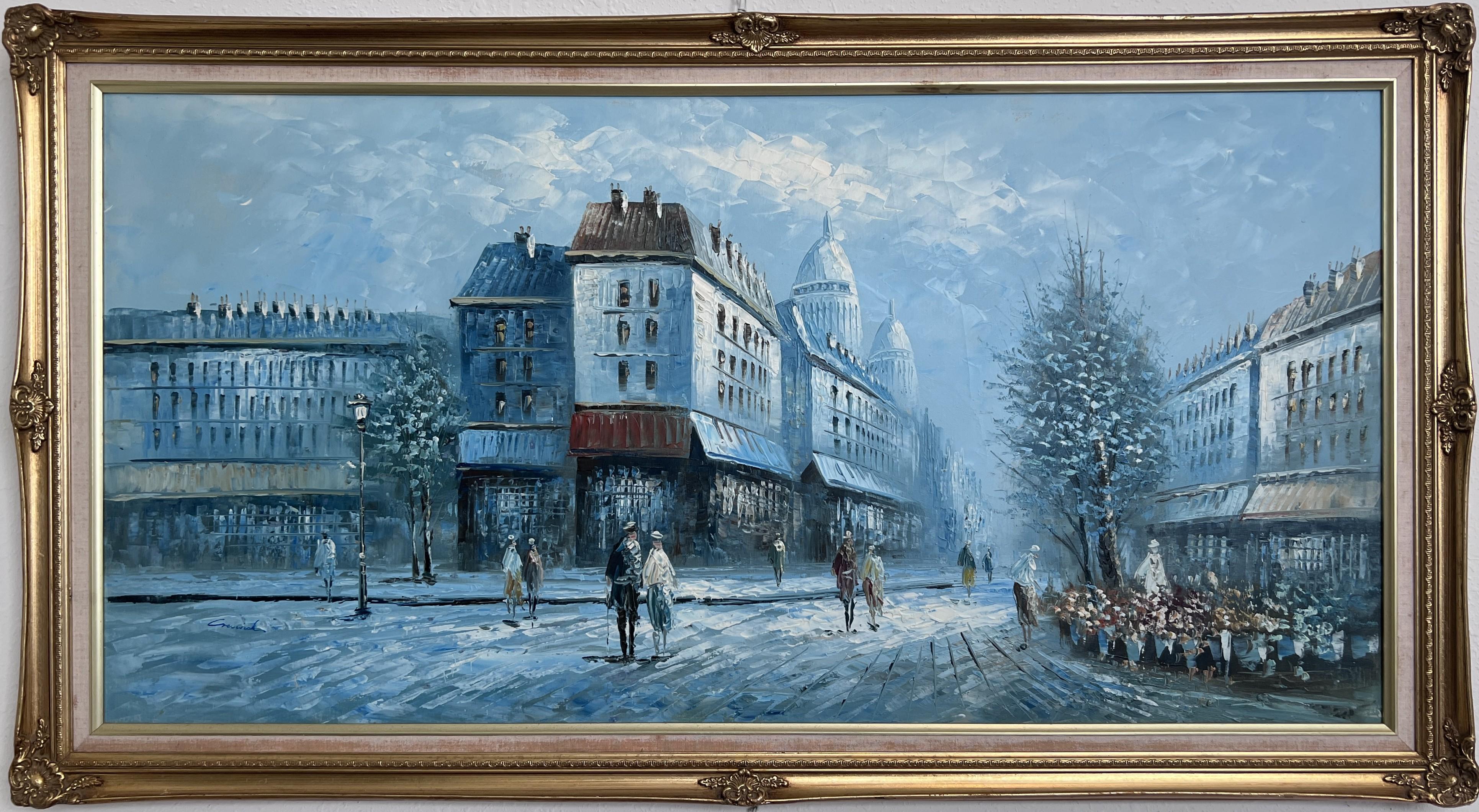 Unknown Landscape Painting - Large Paris Oil Painting Winter Street Scene Framed Signed Impressionist 53"x29"