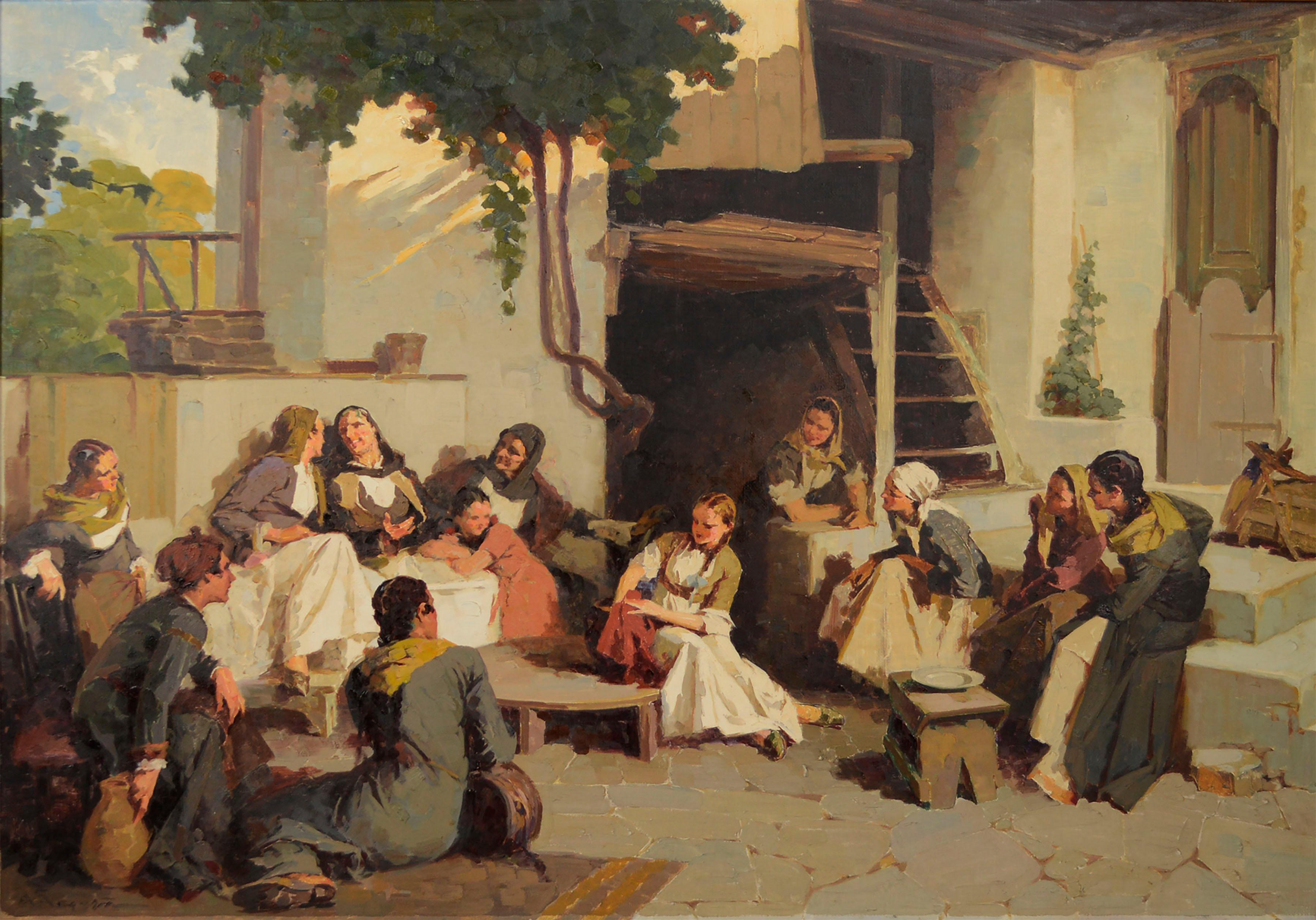 Large-Scale Baltic Figurative Courtyard Genre Scene - Painting by Unknown