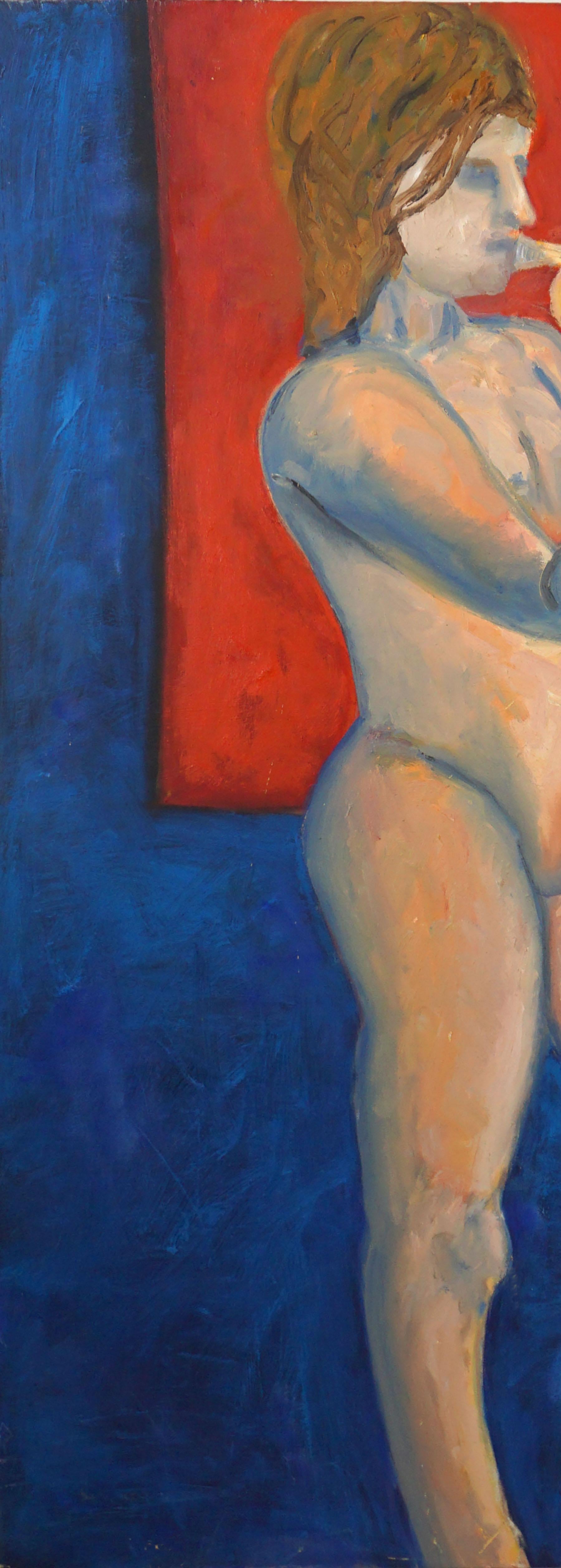 Figurative à grande échelle inspirée de la région de la Baie -- Le jeune trompettiste
Peinture convaincante d'un jeune trompettiste, inspirée du mouvement figuratif de la Bay Area, circa 1990. Non signée. Non encadré. 
Le Bay Area Figurative