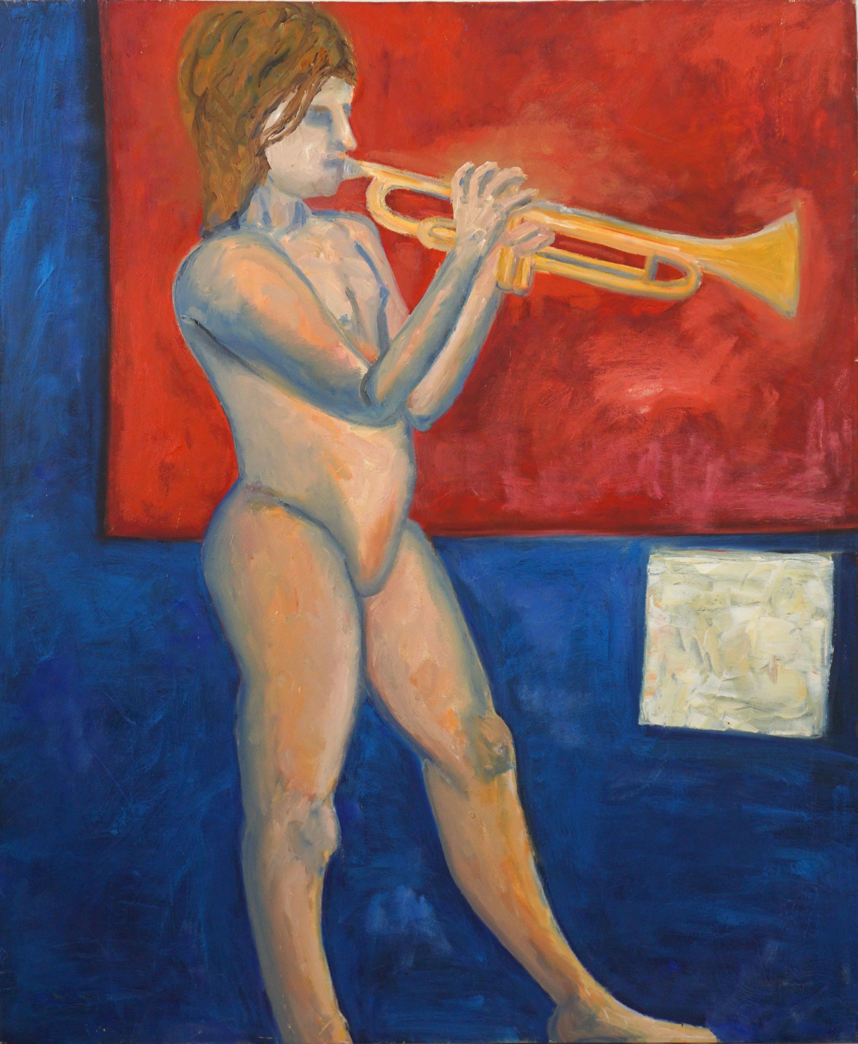 Figurative Painting Unknown - Figurative à grande échelle inspirée de la région de la Baie -- Le jeune trompettiste