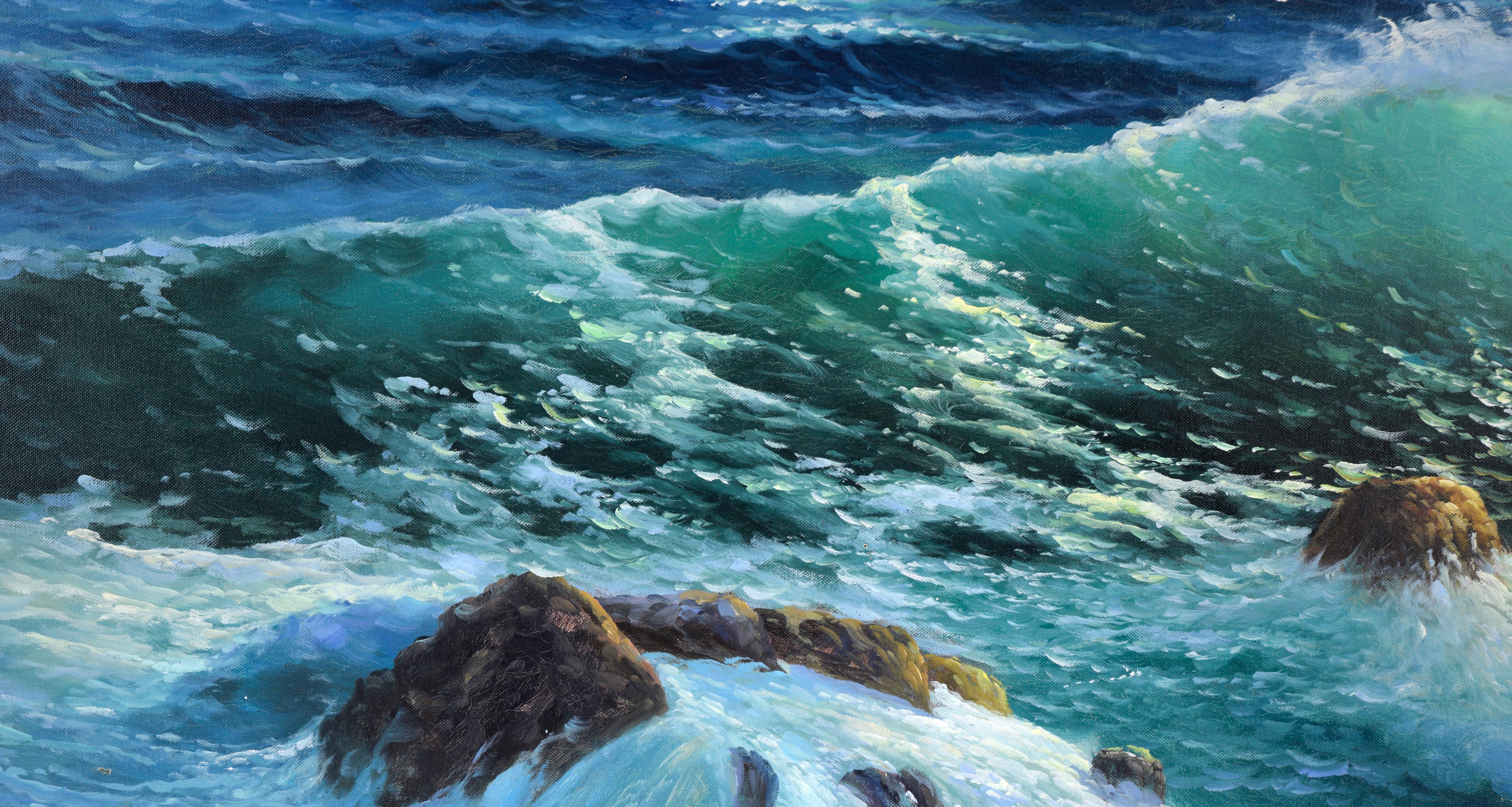 Large Scale Big Sur Seascape in Oil on Canvas

This coastal scene captures Pacific waves crashing against the rugged Big Sur coast. Sunlight lights  up turquoise waves as they roll and crash against the rocks. The distant cliffs fade gently into the