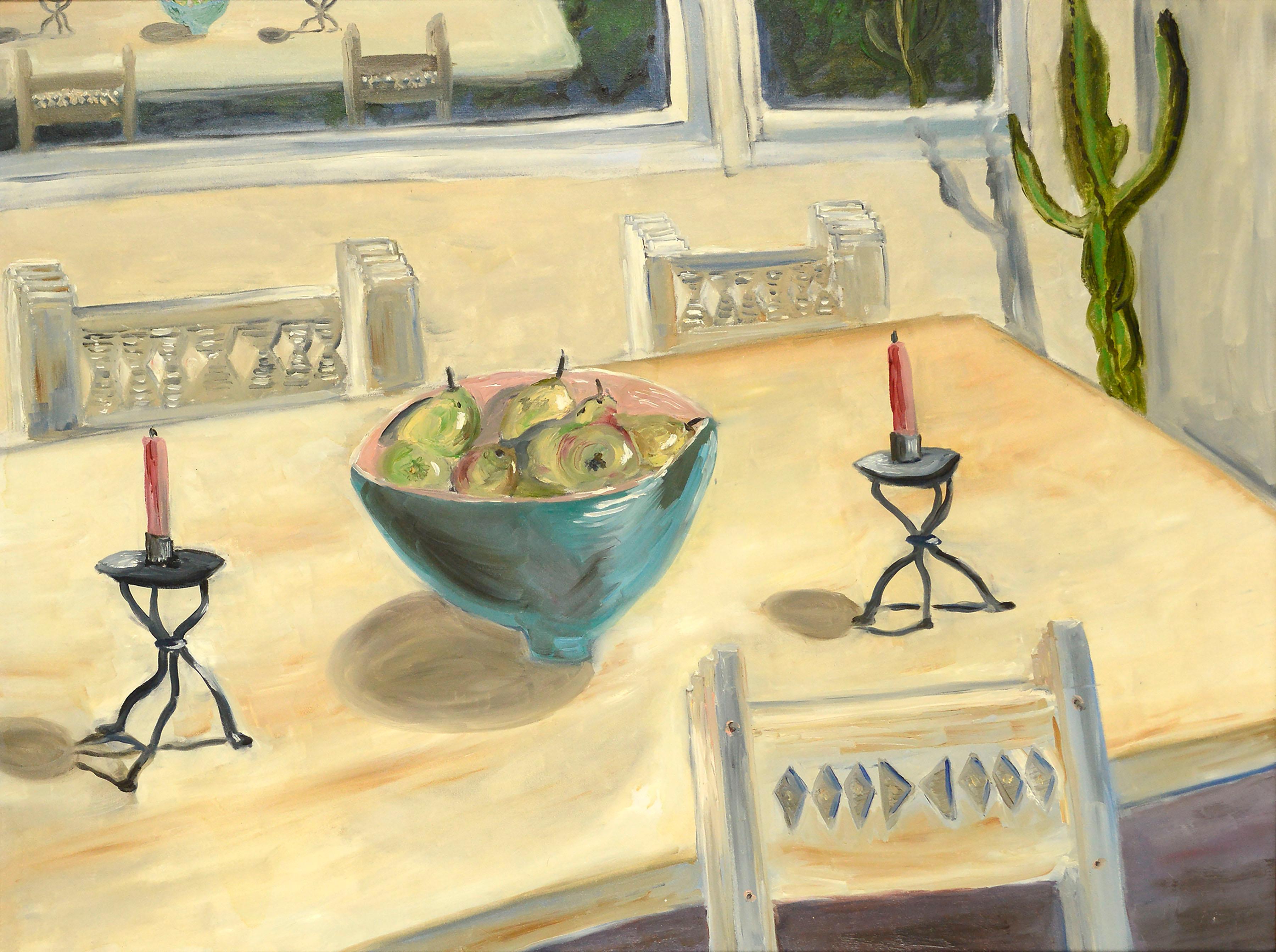 Large-Scale Interior Dining Room Table Still-Life with Pears, Candles, & Cactus  - Painting by Unknown