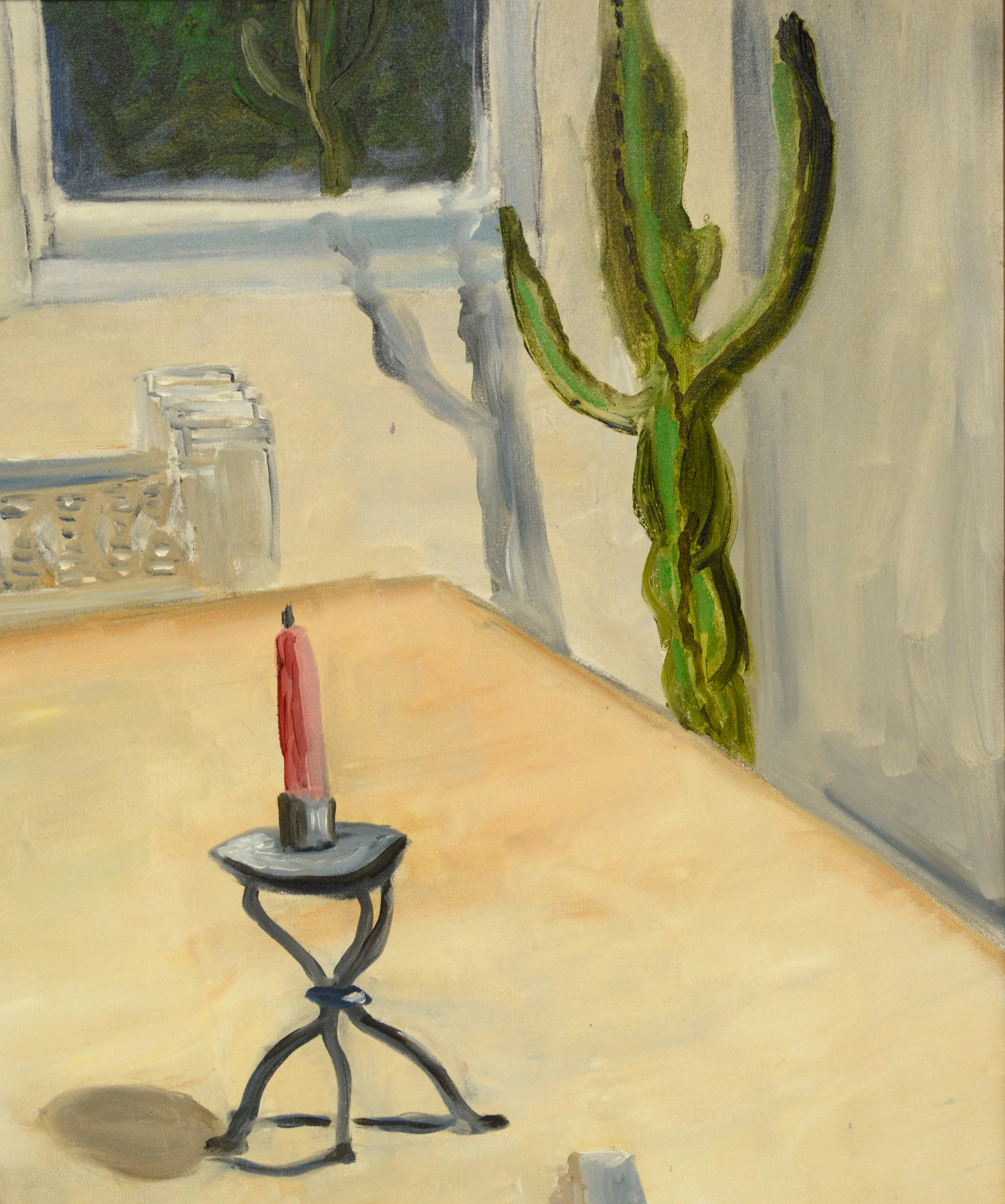 Large-Scale Interior Dining Room Table Still-Life with Pears, Candles, & Cactus  - Contemporary Painting by Unknown