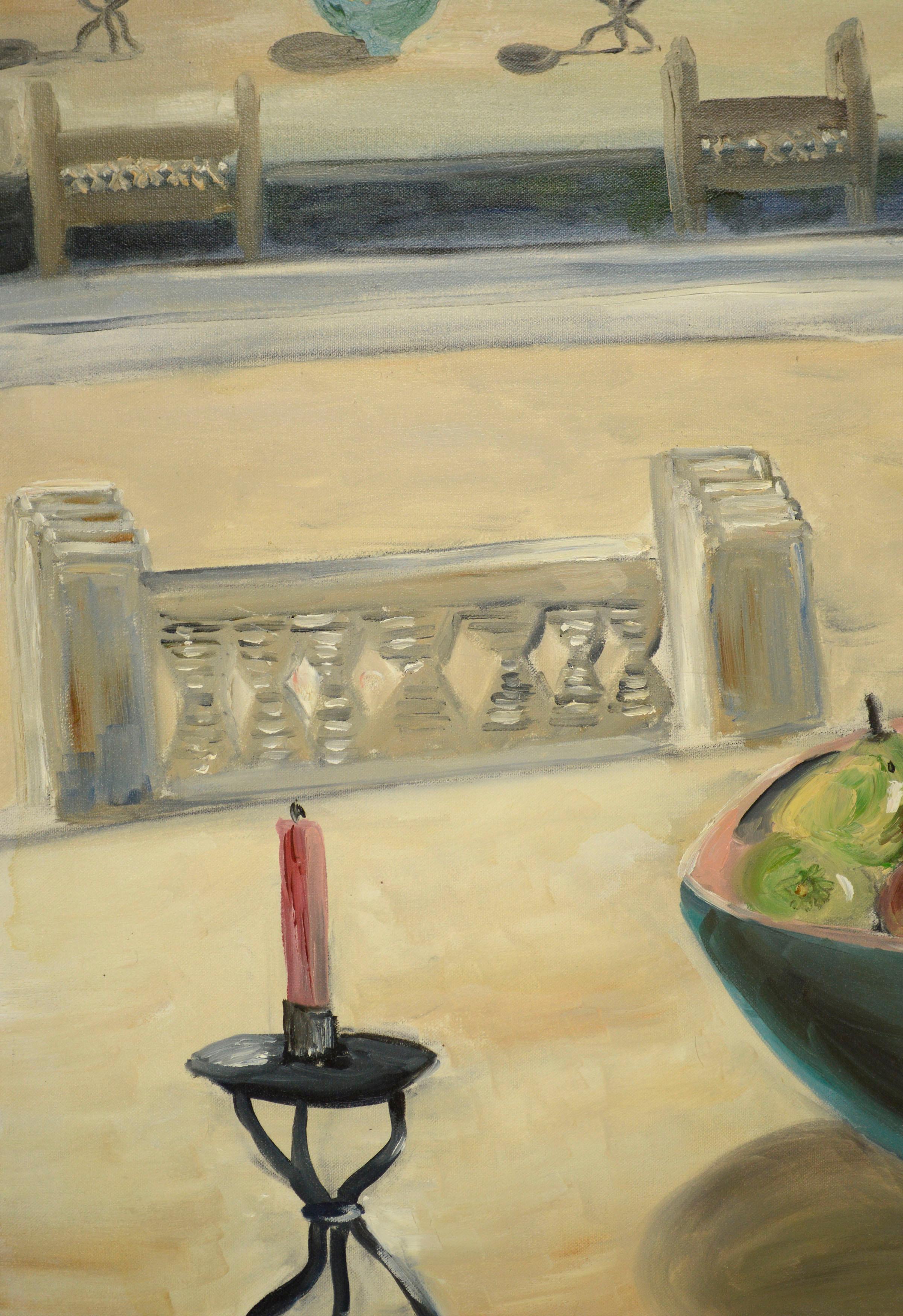 Large-Scale Interior Dining Room Table Still-Life with Pears, Candles, & Cactus  - Beige Interior Painting by Unknown