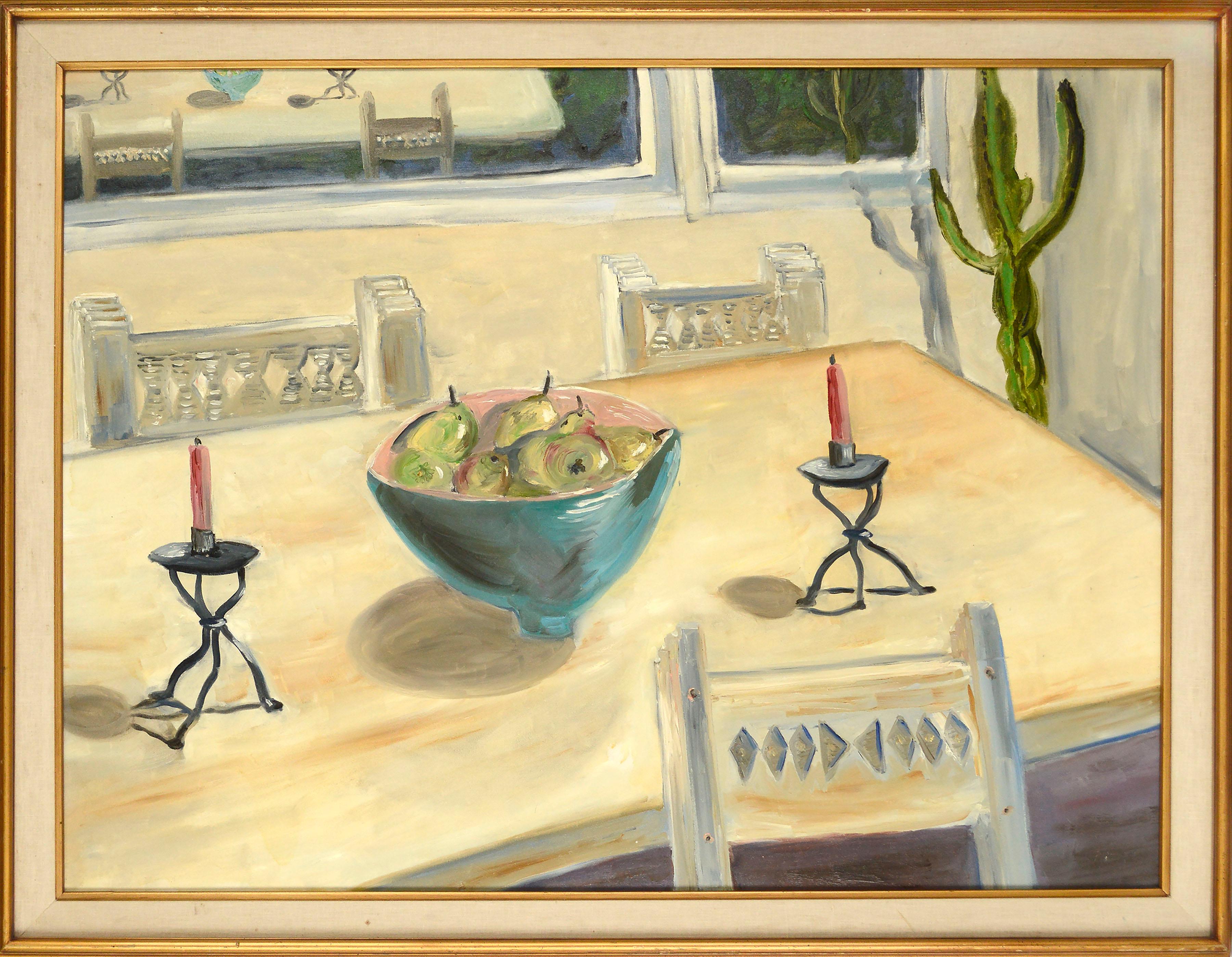 Unknown Interior Painting - Large-Scale Interior Dining Room Table Still-Life with Pears, Candles, & Cactus 