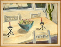 Large-Scale Interior Dining Room Table Still-Life with Pears, Candles, & Cactus