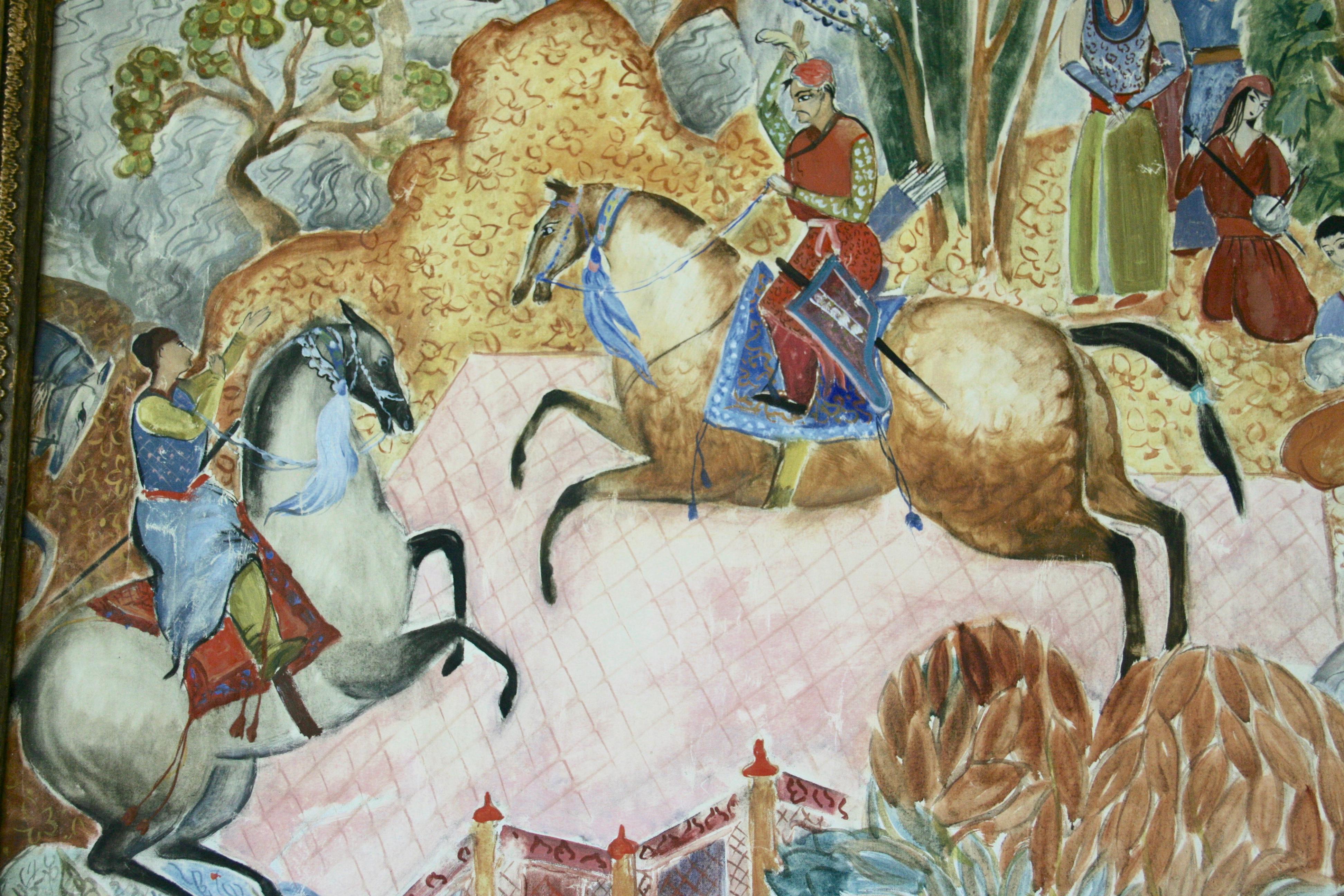 Pittura di paesaggio di caccia persiana di grandi dimensioni in vendita 6