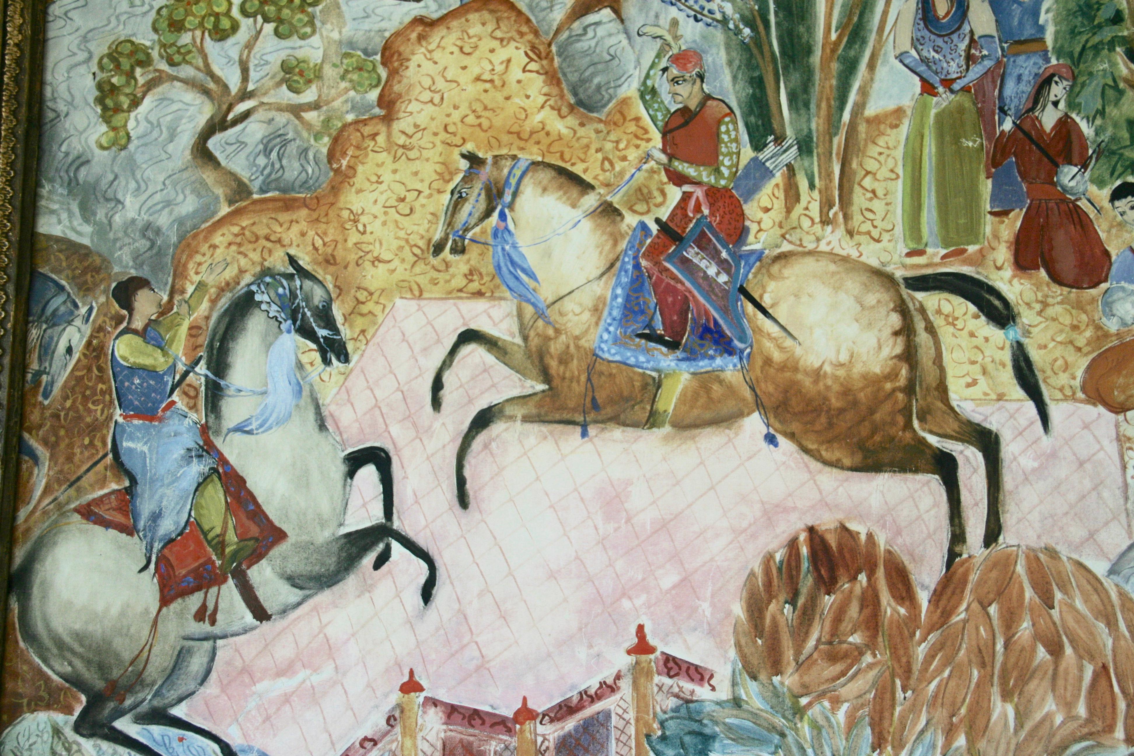 Peinture de paysage de chasse persane à grande échelle en vente 6