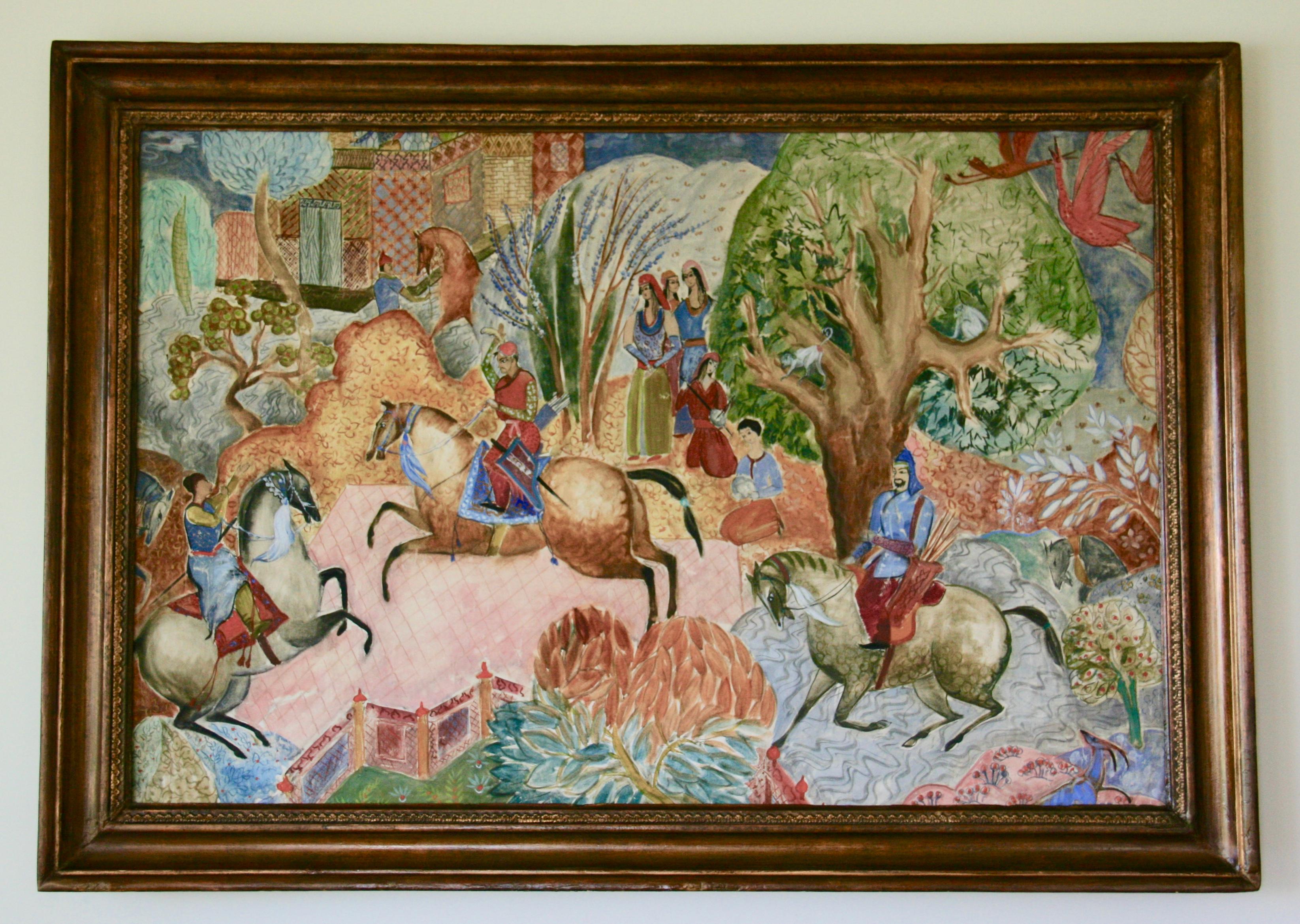Pittura di paesaggio di caccia persiana di grandi dimensioni - Painting di Unknown