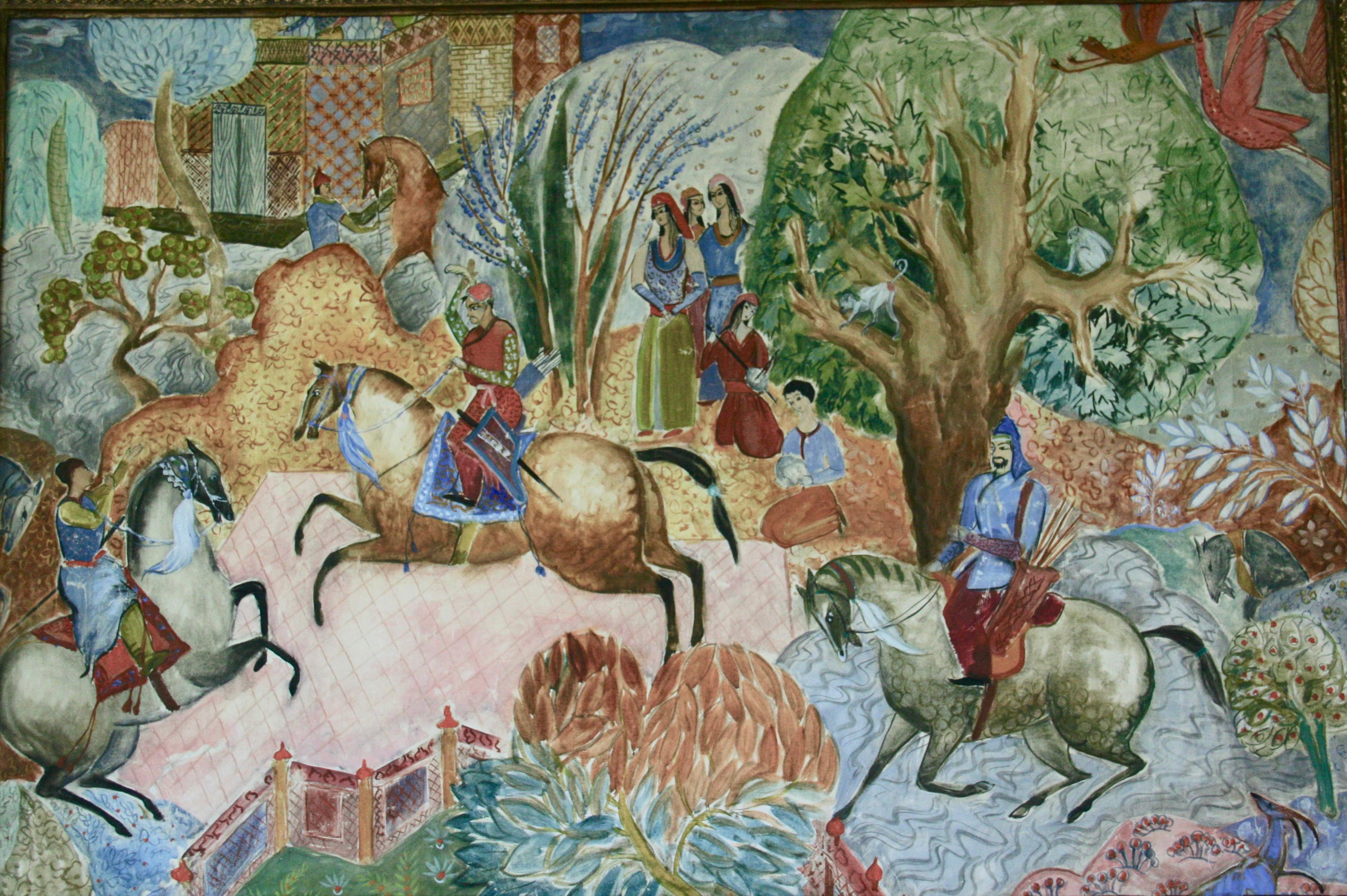 Peinture de paysage de chasse persane à grande échelle - Marron Figurative Painting par Unknown