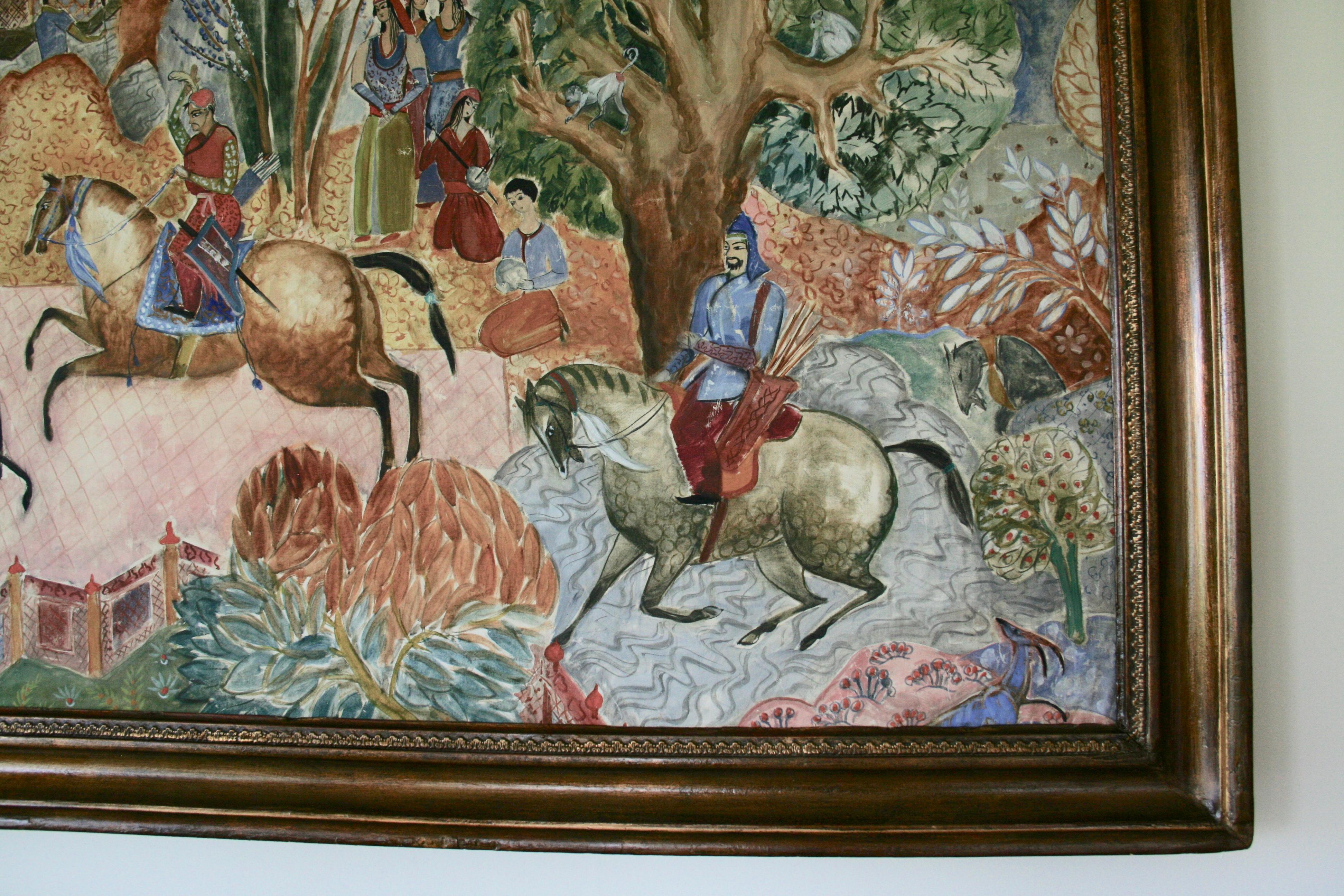 #5-01 Large Scale Persian Hunt, circa 1920 peinture à l'huile sur toile représentant une scène de chasse, présentée dans un cadre en bois-gesso.Image size 39 H X 59.5 W.
Artiste inconnu.
Usure d'âge sur le cadre, petites pertes.