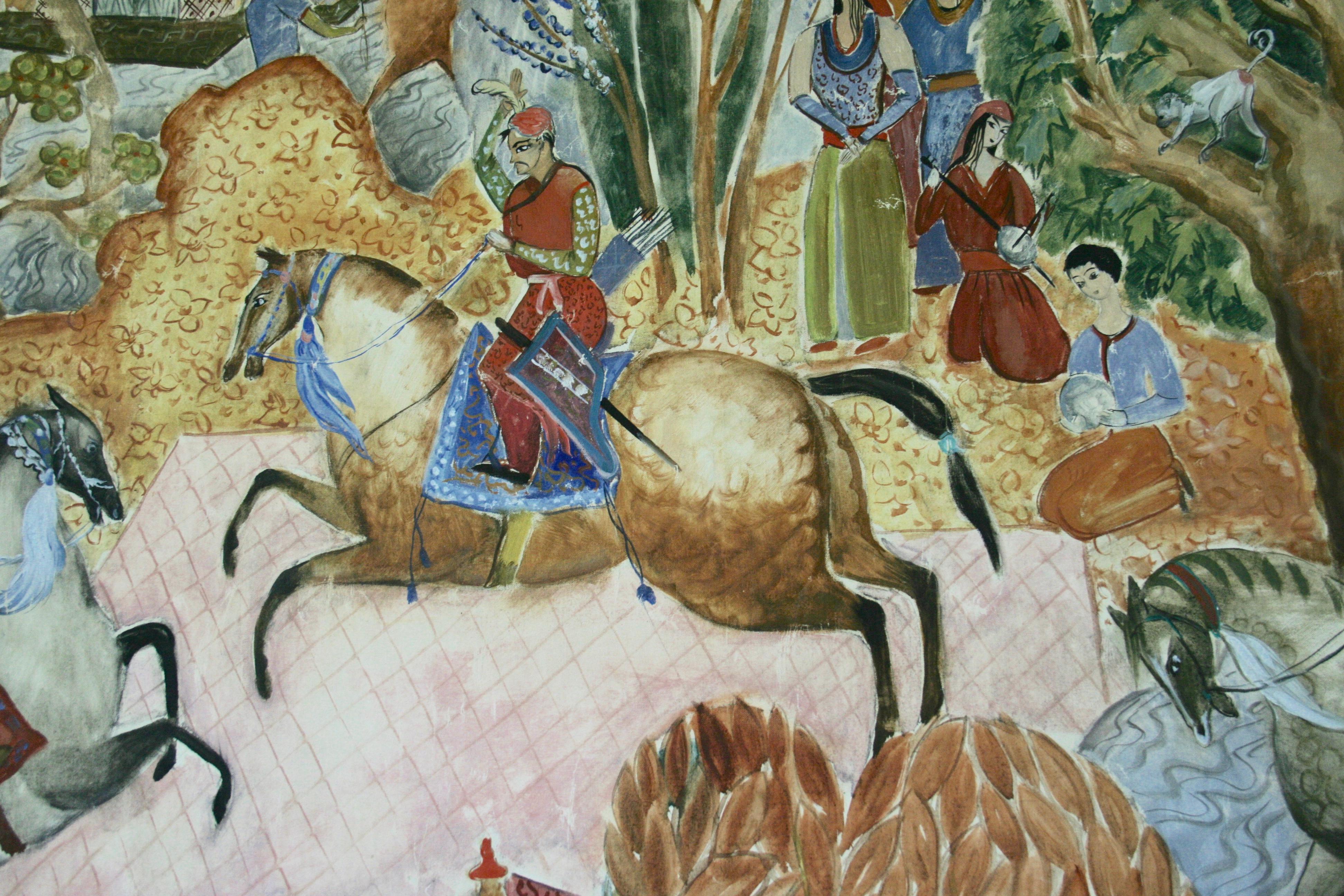 Pittura di paesaggio di caccia persiana di grandi dimensioni in vendita 1