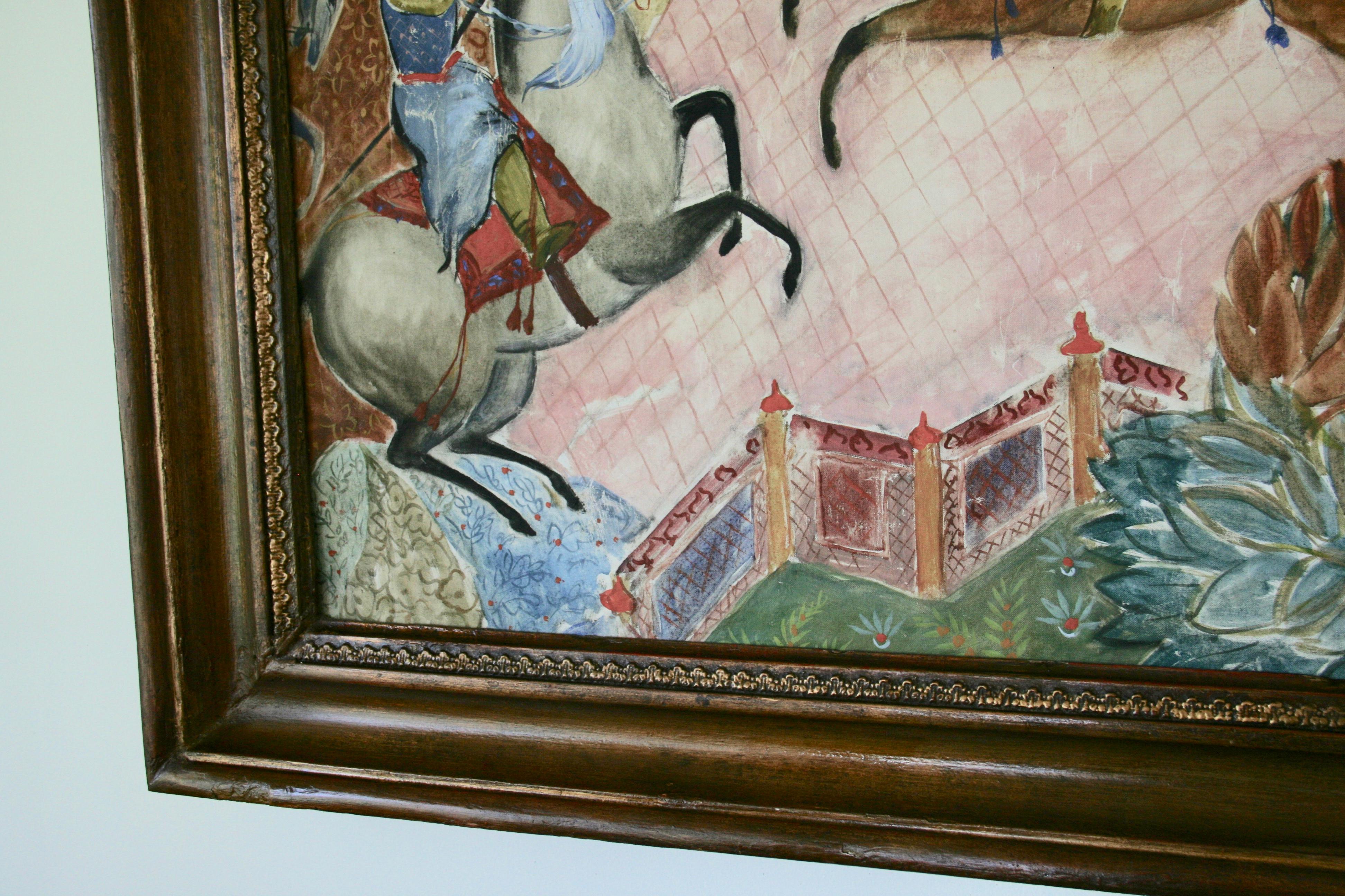 #5-01 Large Scale Persian Hunt, circa 1920's oil painting on canvas depicting hunting scene, displayed in a wood-gesso frame.Image size 39 H X 59.5 W
Artist unknown.
Age wear on the frame, minor losses.