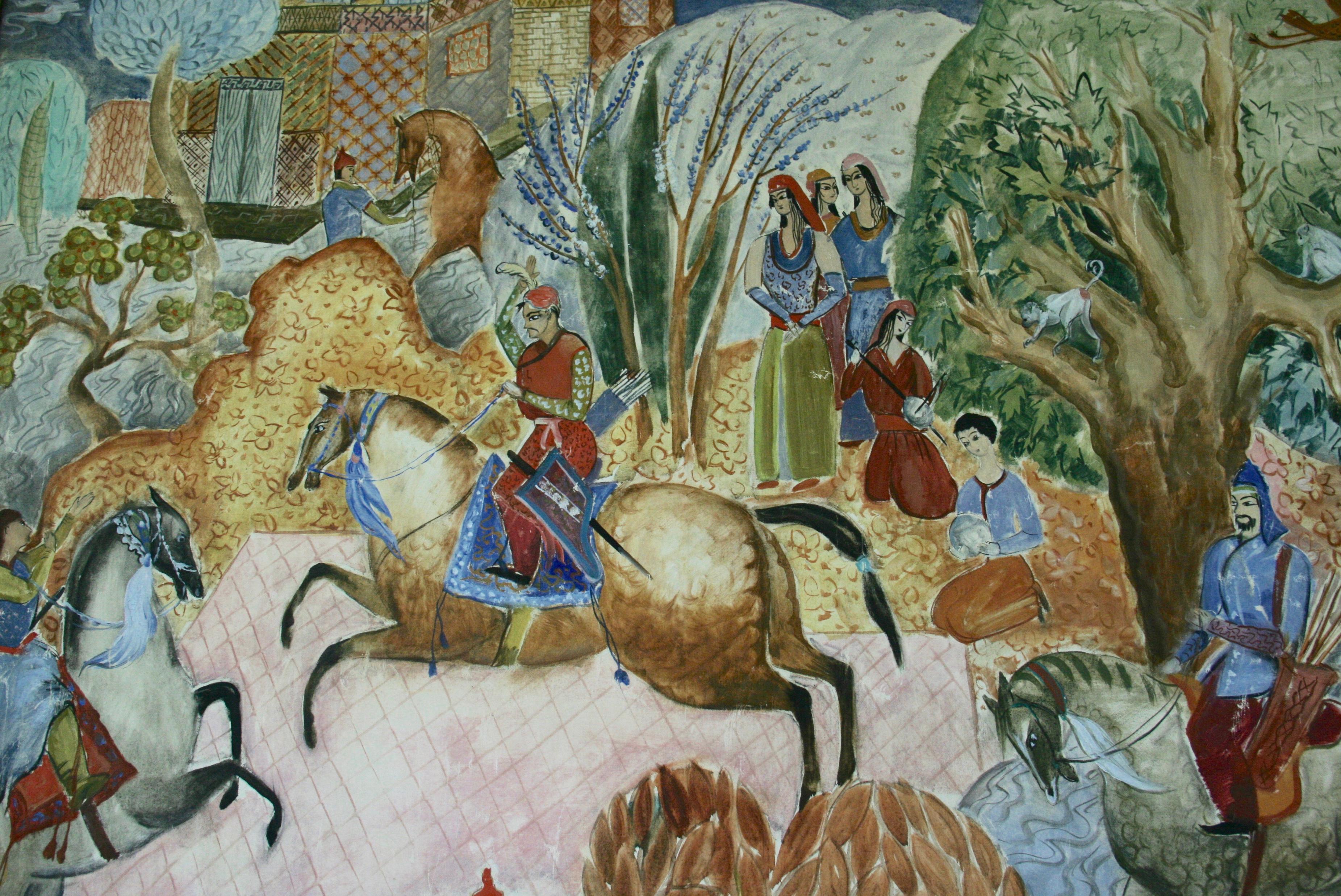 Peinture de paysage de chasse persane à grande échelle en vente 3