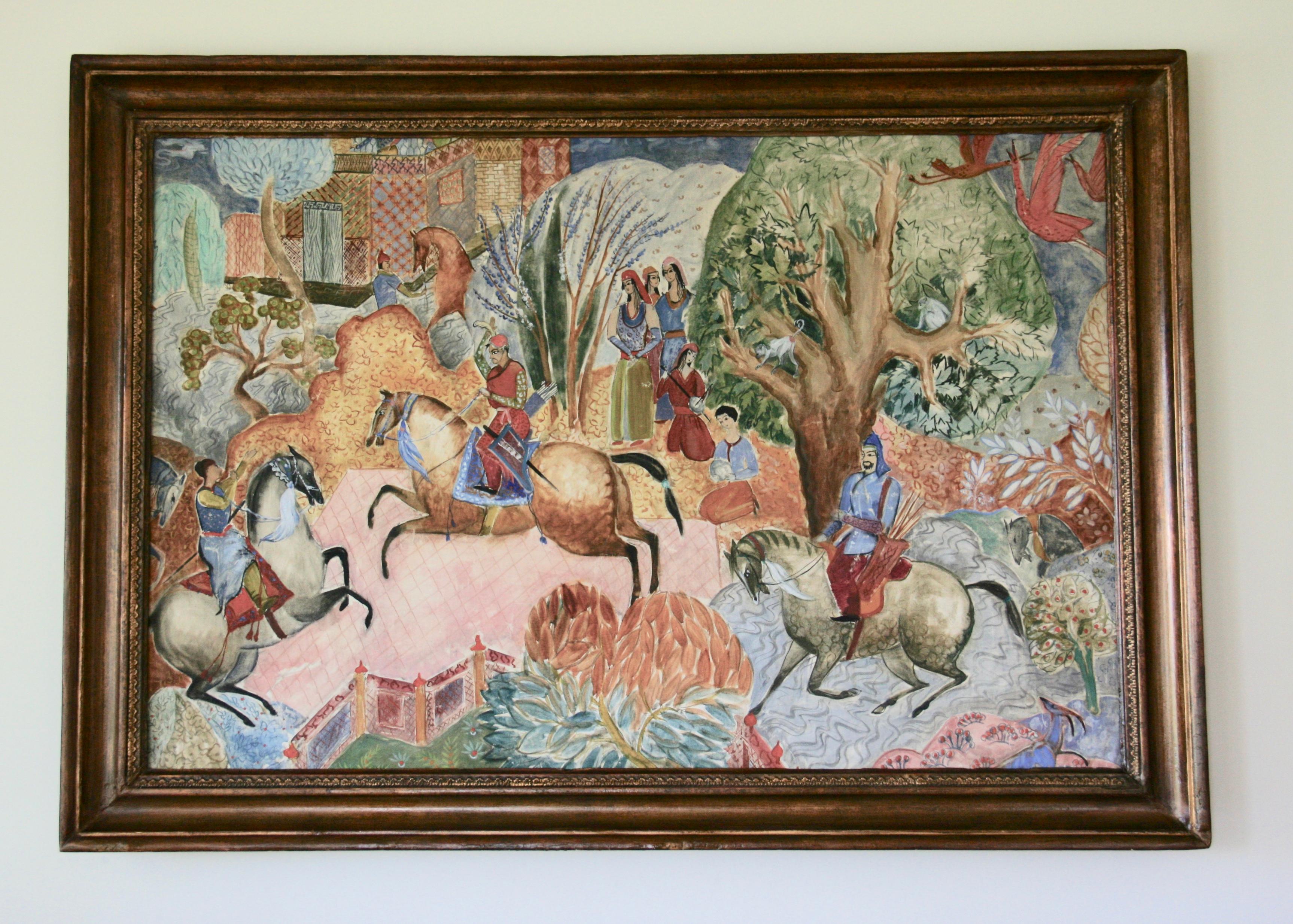 Figurative Painting Unknown - Peinture de paysage de chasse persane à grande échelle