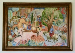 Large Scale Persian Hunt Oil Painting, Framed, Circa 1920s, 39x59.5