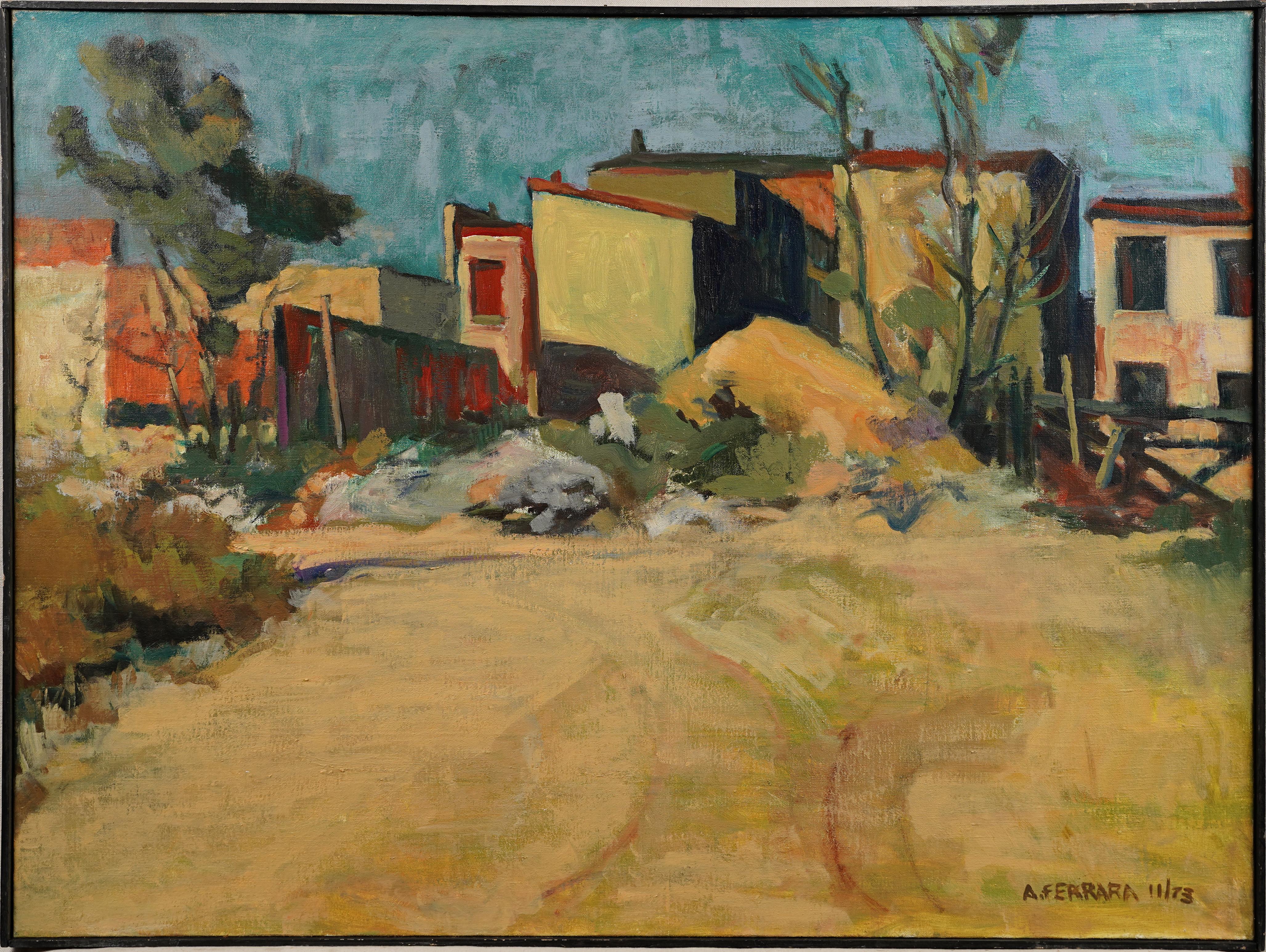 Grande Firmato  Antico dipinto ad olio incorniciato di una città rurale regionale della scuola americana - Painting di Unknown
