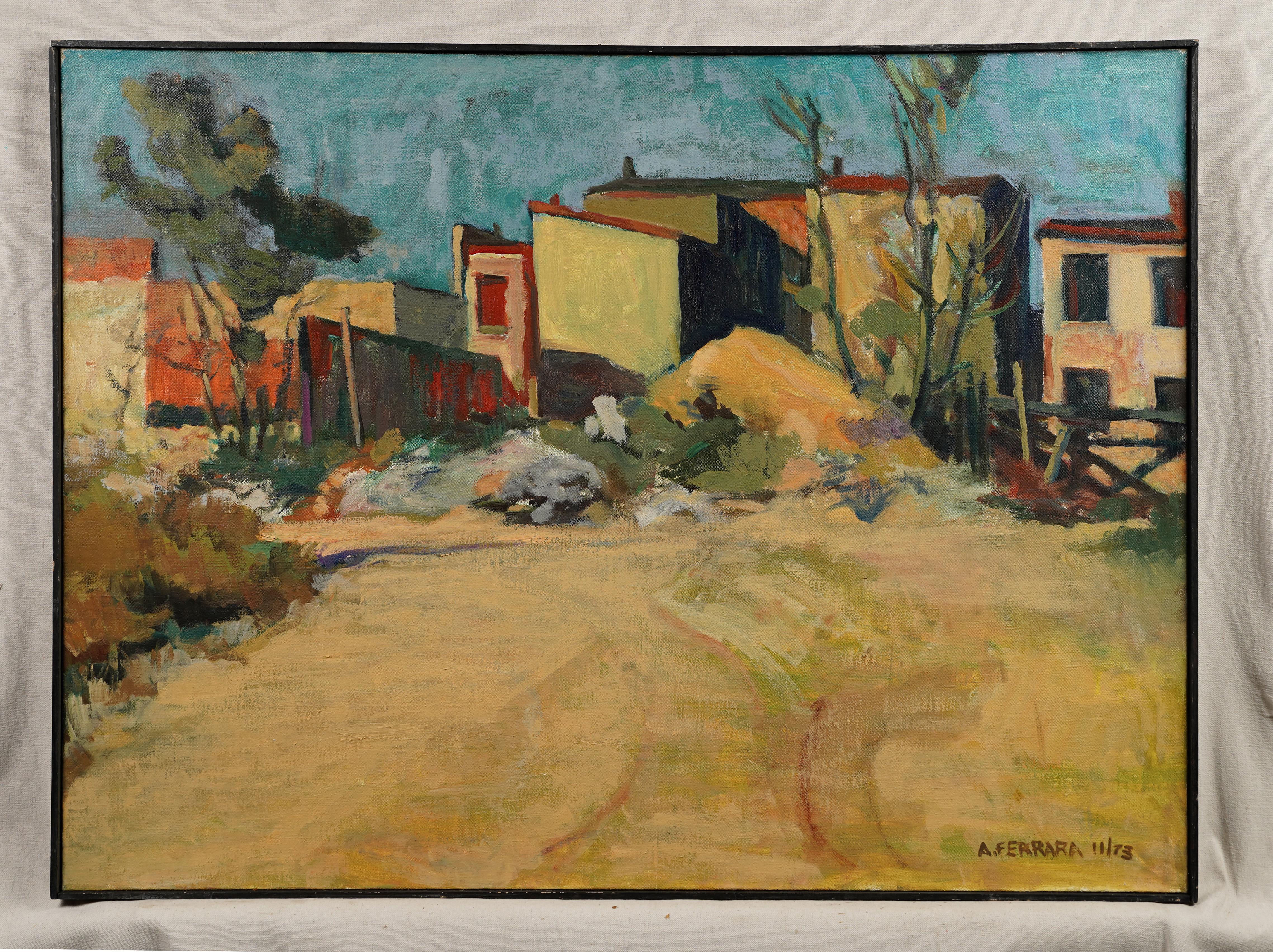 Grande Firmato  Antico dipinto ad olio incorniciato di una città rurale regionale della scuola americana - Painting Moderno di Unknown