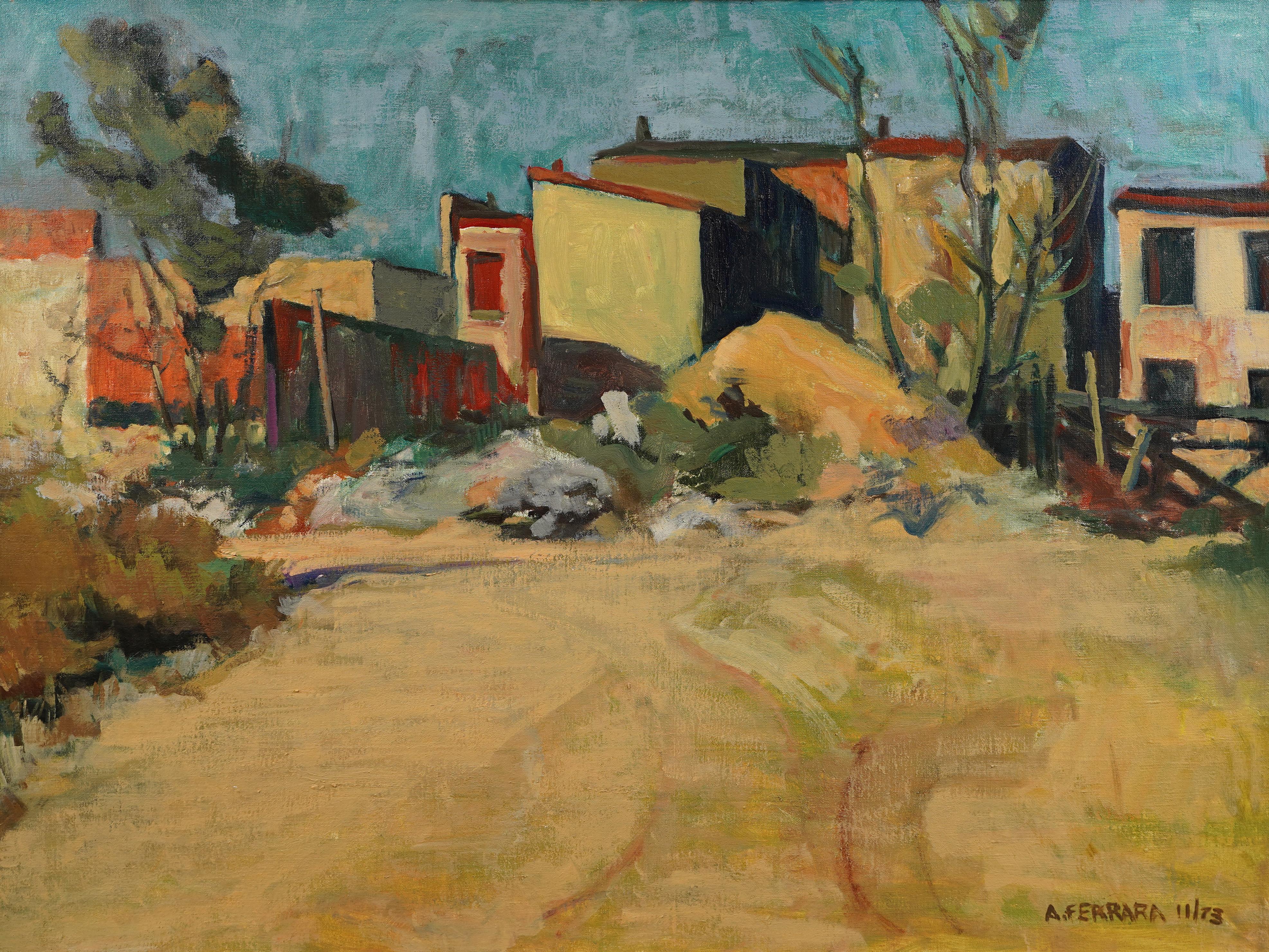 Antico dipinto a olio di paesaggio modernista americano.  Olio su tela.  Firmato.  Incorniciato.  Dimensioni dell'immagine, 40L x 30H.