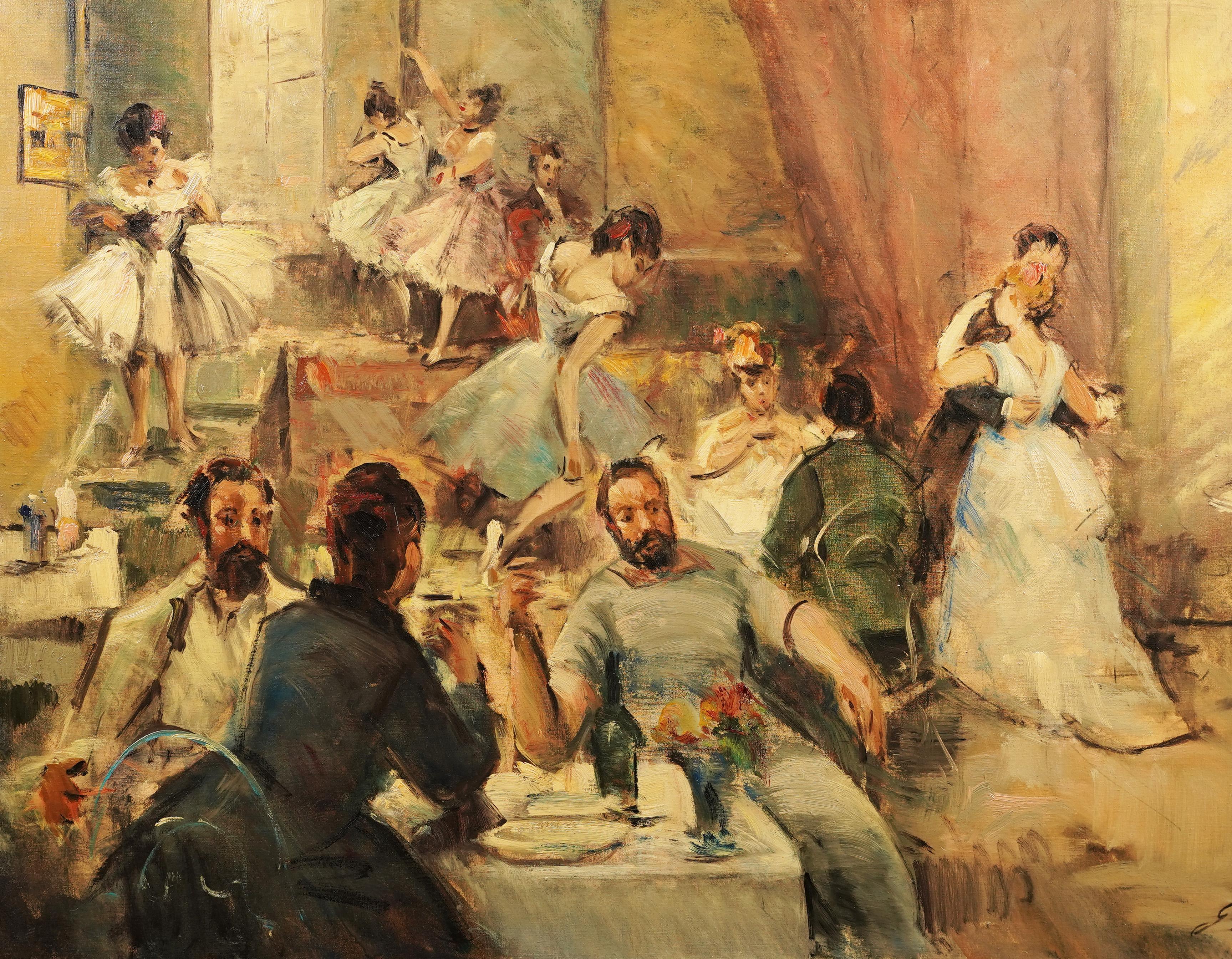 Large Signed French Impressionist Ballet Dancer Original Cafe Scene Oil Painting For Sale 1