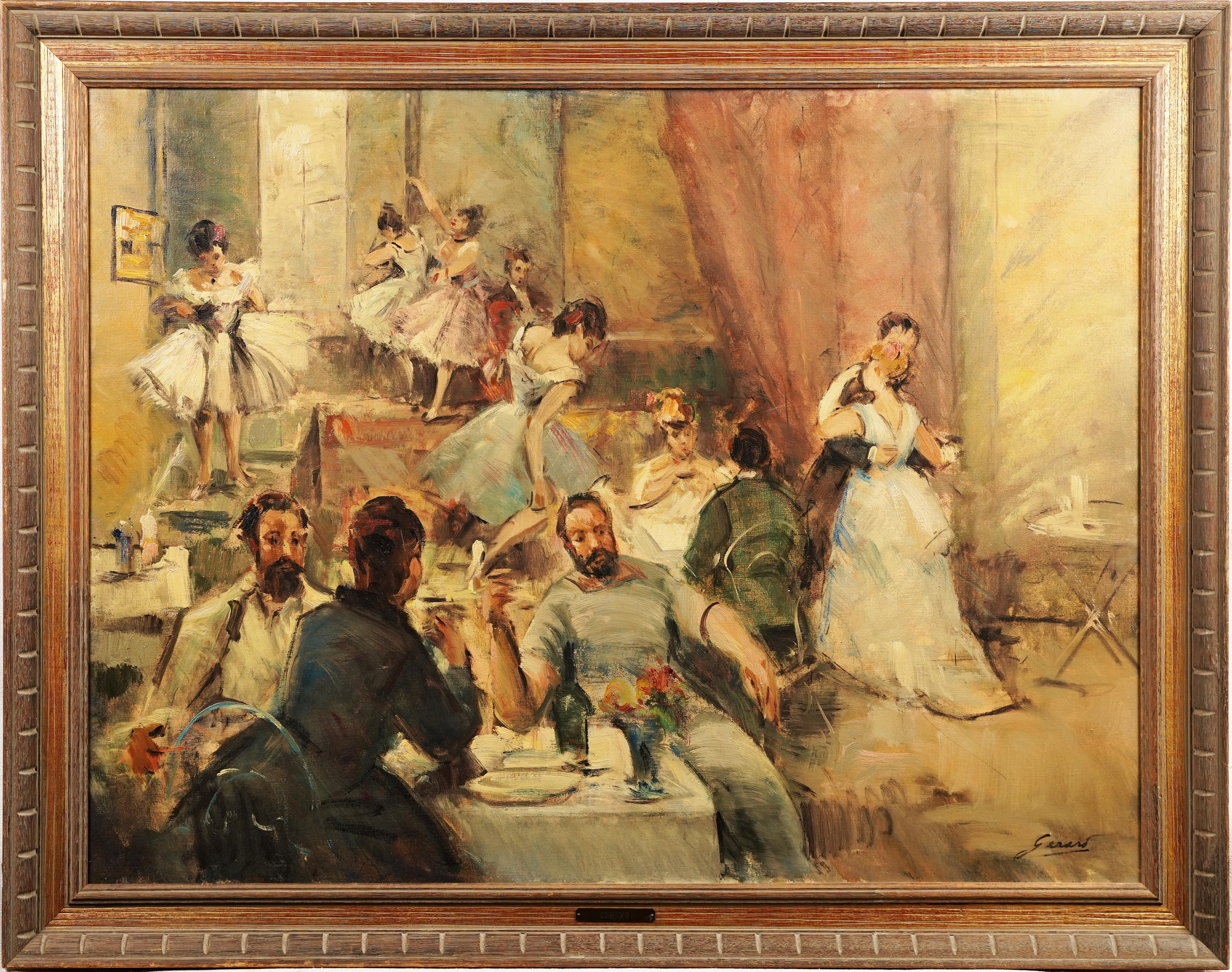 Unknown Landscape Painting - Large Signed French Impressionist Ballet Dancer Original Cafe Scene Oil Painting