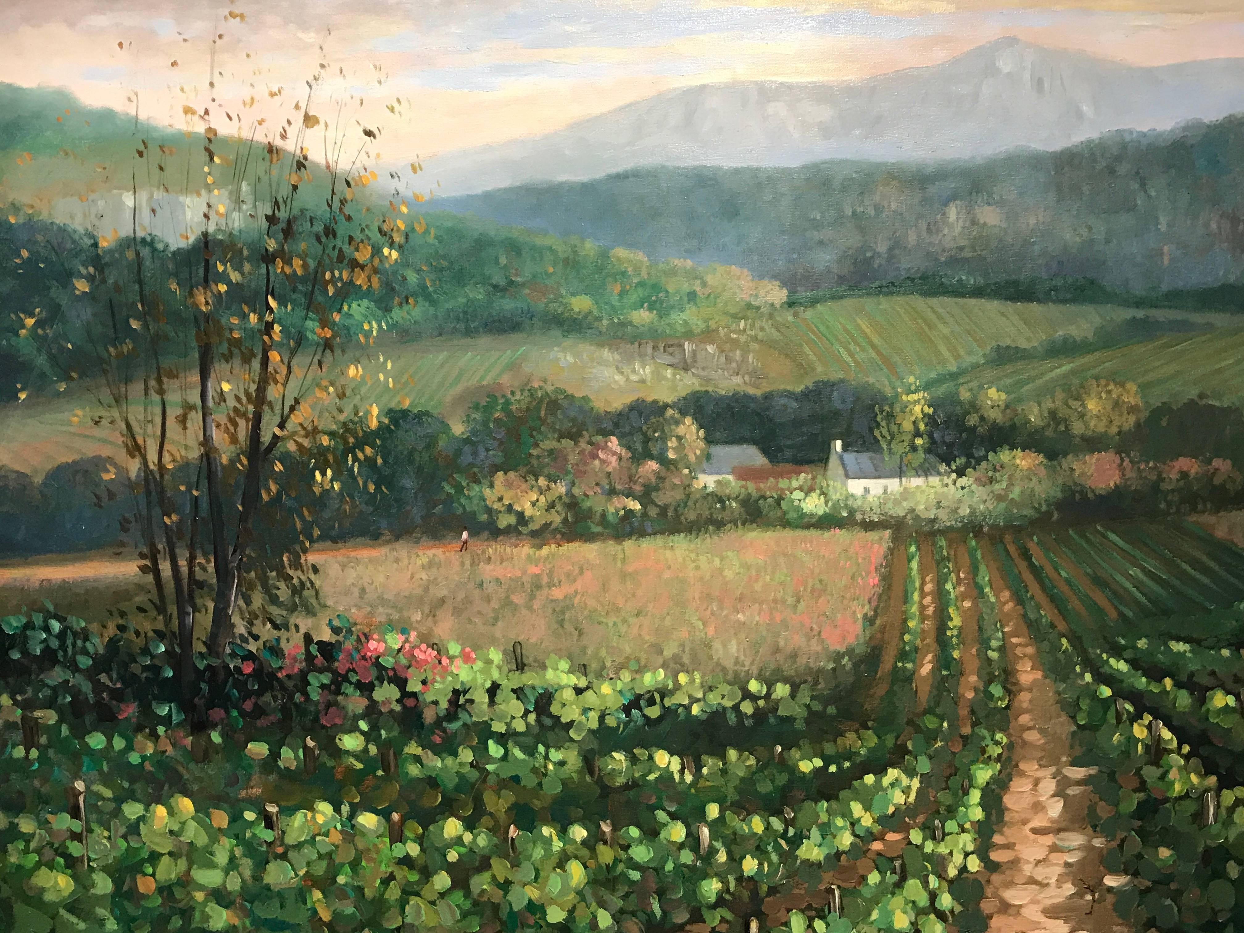 Beautiful large scale French Impressionist oil painting on canvas, depicting this far reaching landscape with rows of vines in full leaf. The painting is signed by its artist to the lower corner and dates to the close of the 20th century

From the