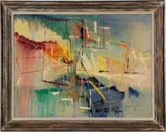 Large Signed Geometric Abstract Expressionist Mid Century Framed Oil Painting