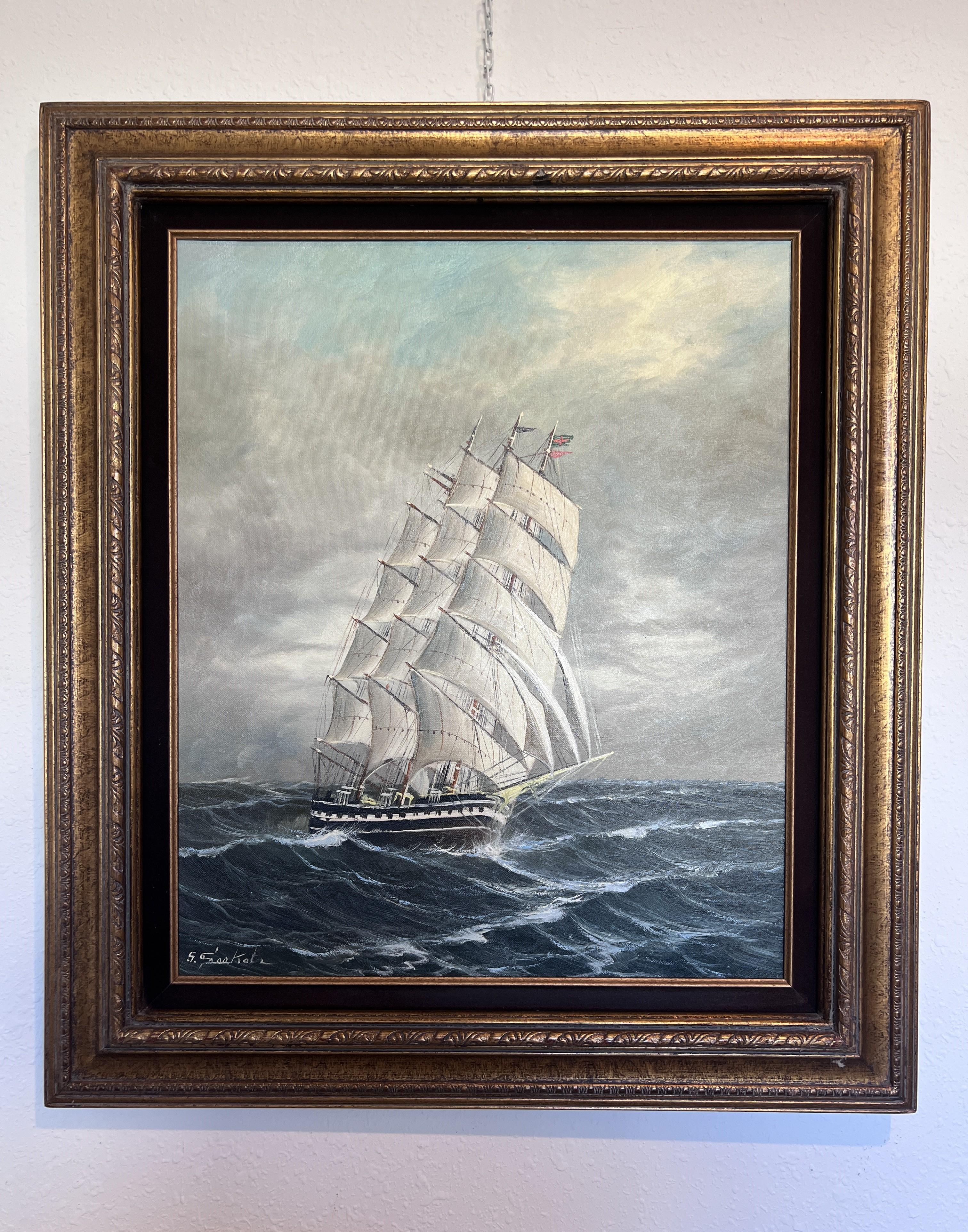 Grande dipinto a olio su tela originale firmato, paesaggio marino, nave a vela, incorniciato - Painting di Unknown