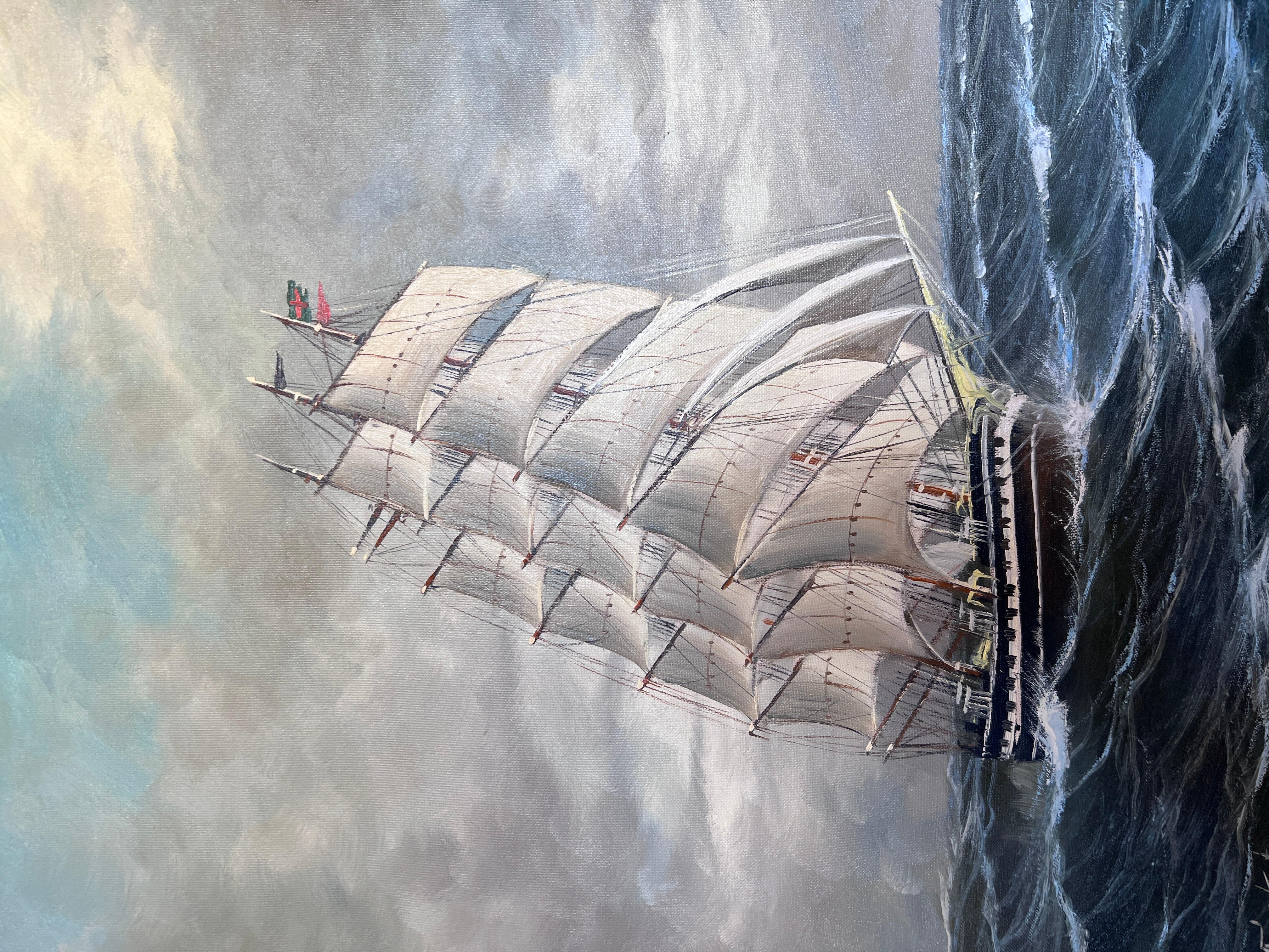 Grande dipinto a olio su tela originale firmato, paesaggio marino, nave a vela, incorniciato - Painting Impressionismo di Unknown