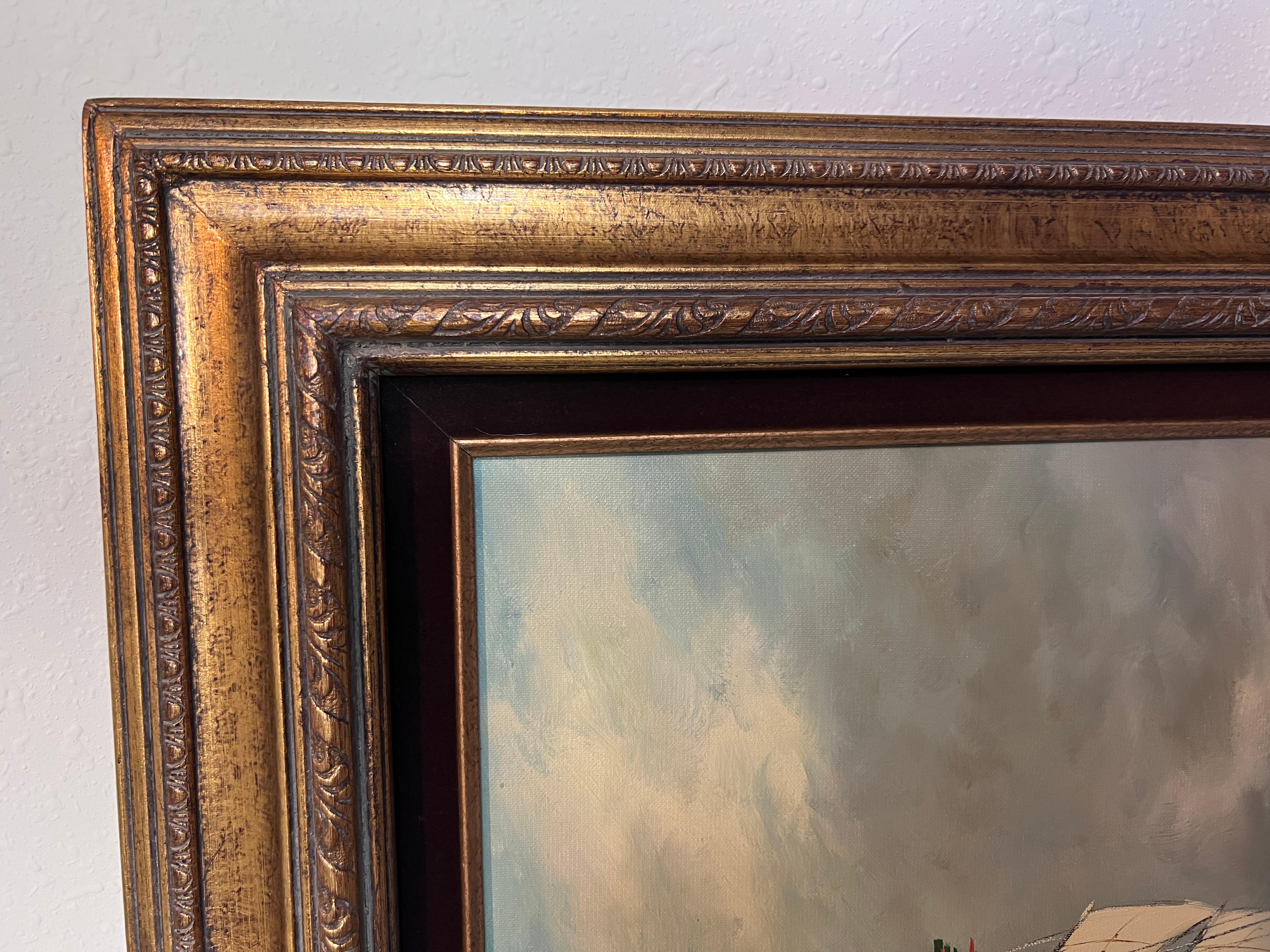 Grande dipinto a olio su tela originale firmato, paesaggio marino, nave a vela, incorniciato in vendita 1