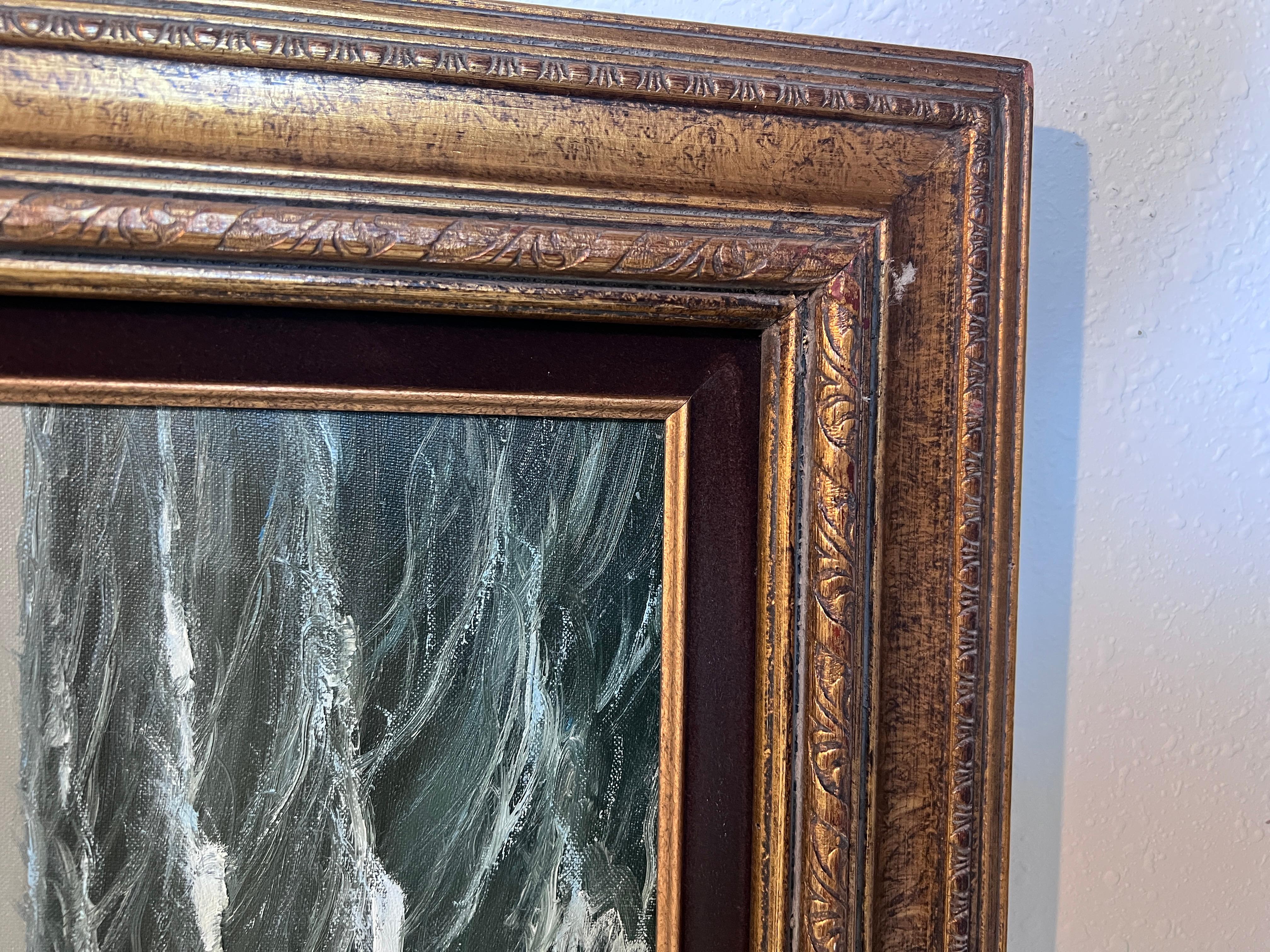Grande dipinto a olio su tela originale firmato, paesaggio marino, nave a vela, incorniciato in vendita 2