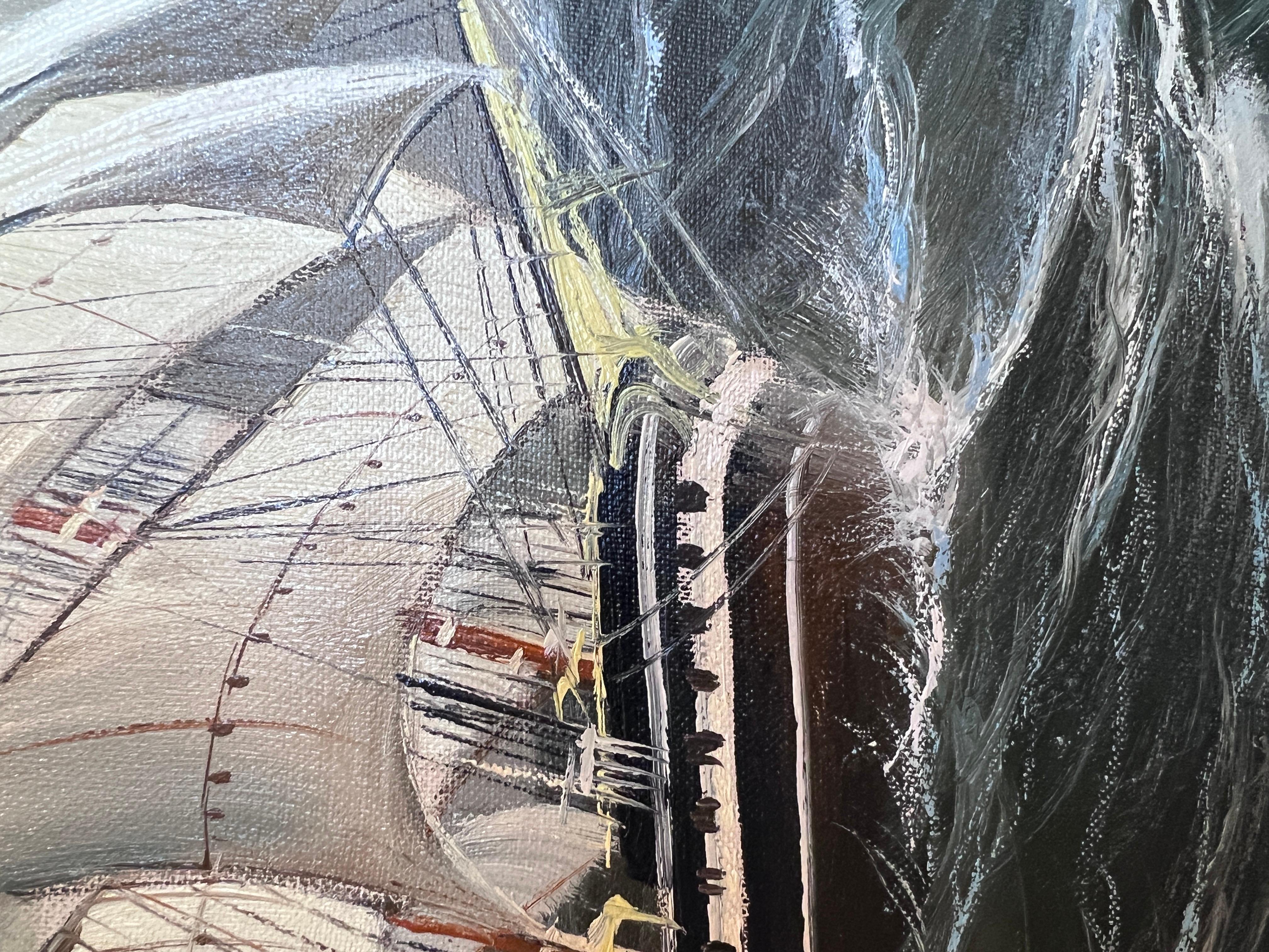 Grande dipinto a olio su tela originale firmato, paesaggio marino, nave a vela, incorniciato in vendita 3